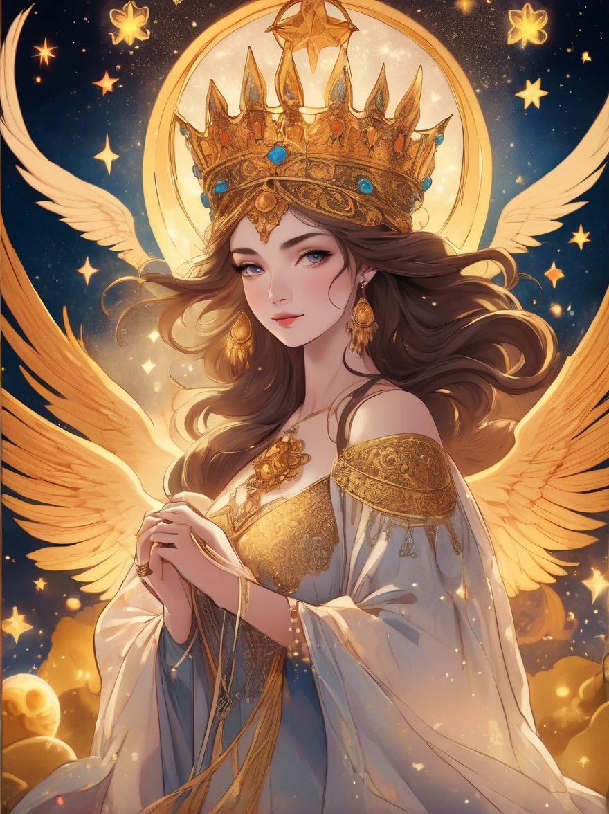 (tarot card:1.6), a beautiful girl with a detailed angelic face, piercing eyes, full lips, long eyelashes, wearing a starry robe, holding tarot cards, mystical background with zodiac symbols and celestial elements, (best quality,4k,8k,highres,masterpiece:1.2),ultra-detailed,(realistic,photorealistic,photo-realistic:1.37),intricate details, fantasy art, cinematic lighting, vibrant colors, glowing energy
