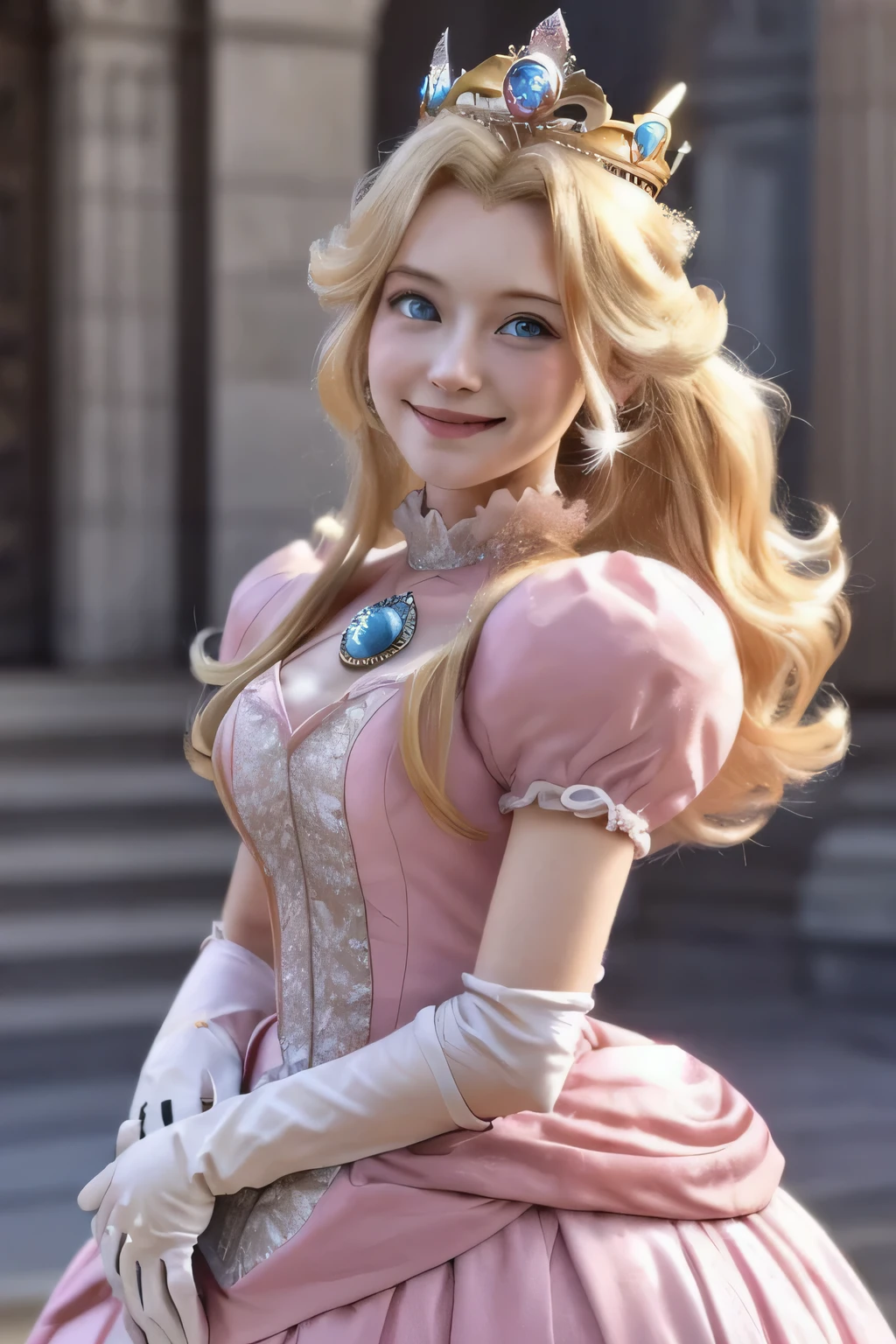 ((masterpiece,highest quality)), disorganized, Princess_peach,  (pink dress), blonde hair, blue eyes, long hair, crown, gem, gloves, plump sleeves, short sleeve, white gloves, alone, smile, looking at the viewer, cowboy shot,  cinematic composition,