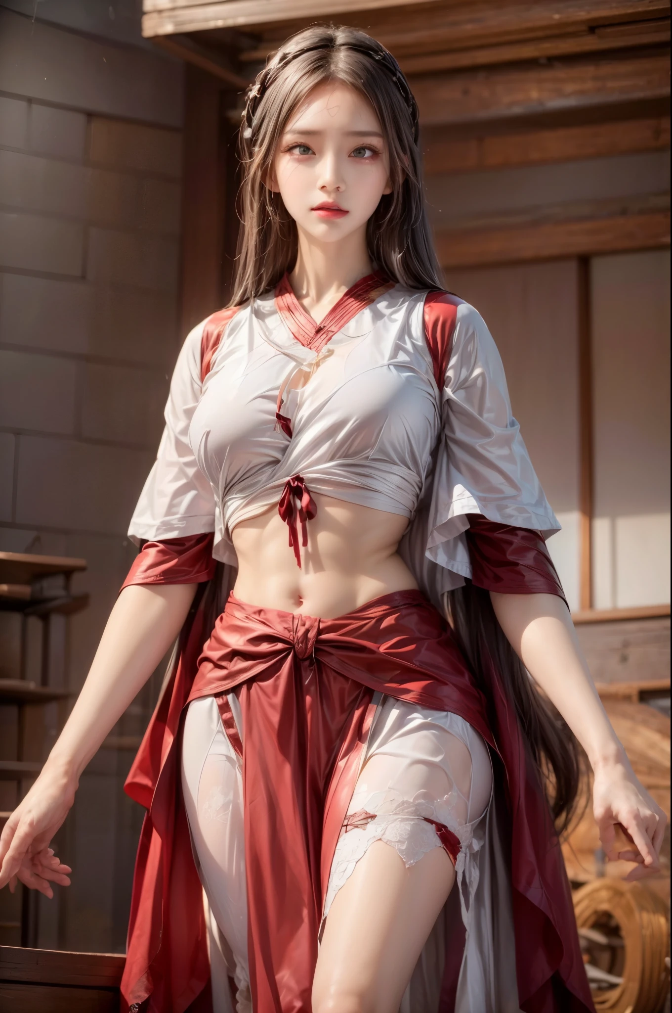 photorealistic, erotic pose, (shot from below:1.2), (intricate details, exaggerated details, ultra high details), self-portrait, (1girl, beautiful, delicate face, innocent, pale skin, (long (white) wavy hair reaching ground)), (bandage wrapped around arms), ((modern kimono, ancient red shorts with (side slits)):1.2), small waist, ((wide thigh gap, wide thighs):1.2), (masterpiece)