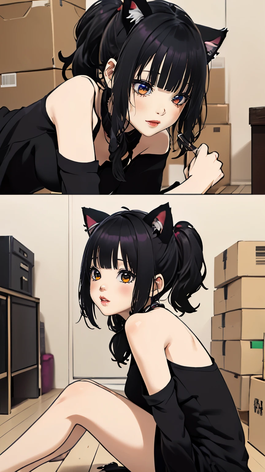 (Representando un solo momento de un manga para adultos.), (dibujado a mano), ((arte lineal simple)), ((fondo de arte lineal estilo manga)), ,((long hair slightly wavy slightly past the shoulders, black bangs, small black pigtails on the sides, cute cat ears, beautiful thin red eyes)),(una ama de casa, de pie, falda, blusa fina, areolas hinchadas, droopy eyes, Piel realista, pubic hair), (focus on her pubic hair), ecstasy, shame game, ((sonrisa, (masturbation), abre sus piernas, tocando su entrepierna con su mano, Varias poses)), (Old warehouse), techo, piso, ((sosteniendo el pecho con la mano)), trenza,