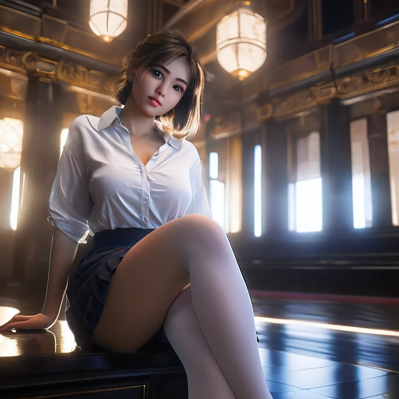 ultra realistic 8k cg, picture-perfect face, irreproachable, clean, masterpiece, professional artwork, famous works of art, perfect face, Beautiful face, beautiful eyes, ((Ideal female body)), One,(exciting atmosphere, chiaroscuro:1.5,bright light:1.2,glowing lighting)
,,(blush:0.5),seductive facial expression,extremely detailed_eyes,thick thighs,big breasts,
beautifully detailed background,depth of field,realistic:1.3, distant plan,1 girl,shirt,pleated skirt, , is sitting, whole body, 
(ambient light:1.3),(cinematic composition:1.3),(Neon lamps:0.1),(HDR:0.1),Accent lighting, White tights,   