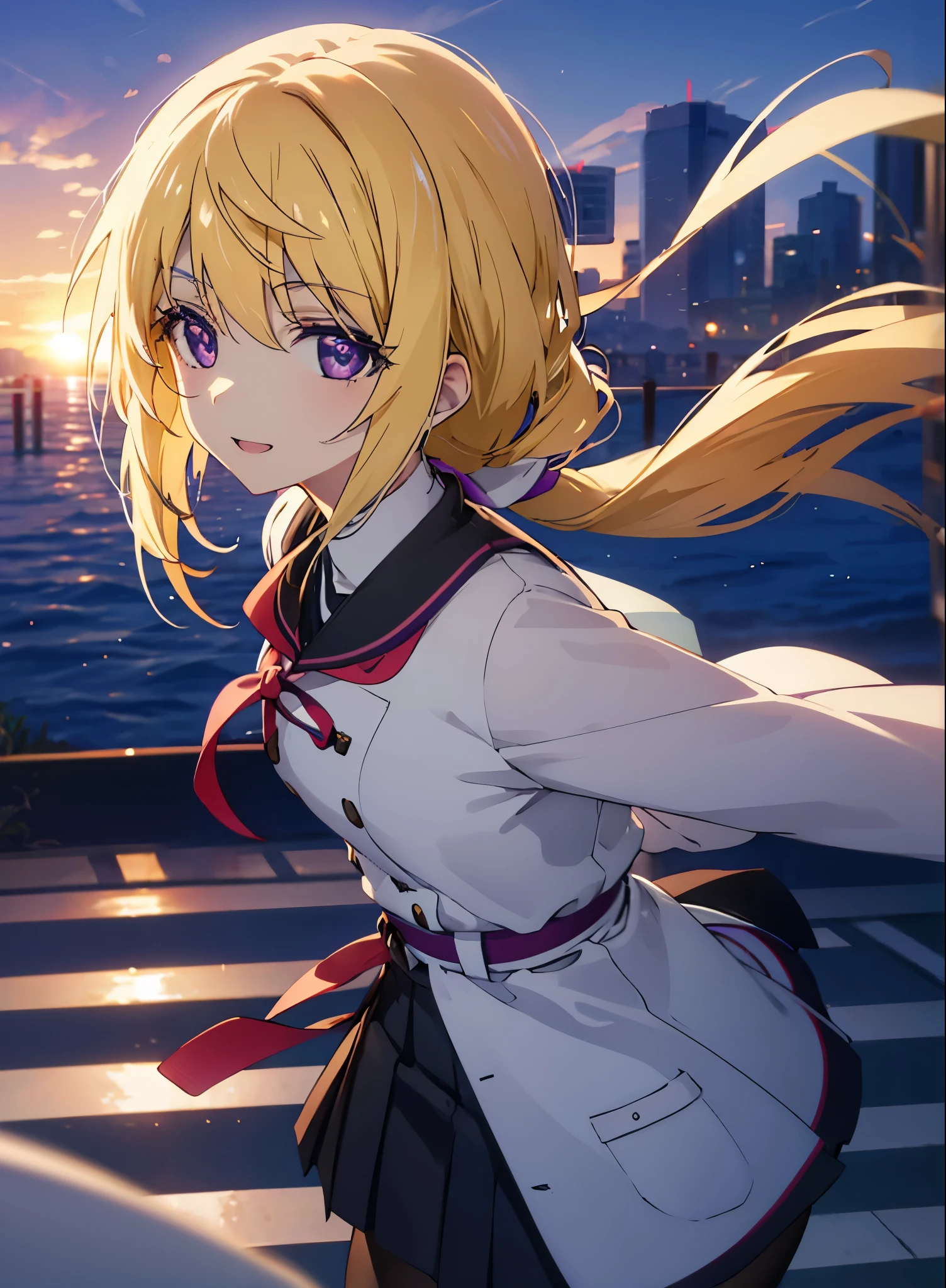 charlotte denois, Charlotte Dunois, long hair, blonde hair, ribbon, (purple eyes:1.1), ponytail,happy smile, smile, open your mouth, break , japanese high school girl uniform(black sailor suit),black pleated skirt,white pantyhose,brown loafers,walk,sunset,evening,the sun goes down,look from top to bottom,break outdoors, city,building street, break looking at viewer, Upper body,break (masterpiece:1.2), highest quality, High resolution, unity 8k wallpaper, (shape:0.8), (fine and beautiful eyes:1.6), highly detailed face, perfect lighting, Very detailed CG, (perfect hands, perfect anatomy),