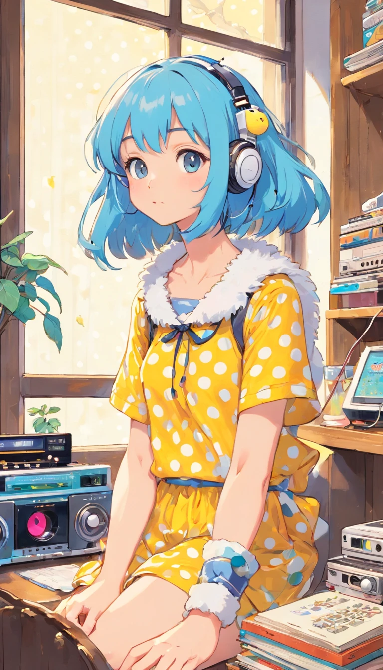 perfect body、girl、(((Girl's UP)))、(((The girl's face is well visible)))、make many round chicks、((12 years old))、(((cassette tape、radio cassette player、record)))、可愛い美girl、((Listening to music with headphones on))、machine、Note、computer、light bulb、window、Chair、curtain、retro、(((80s))) Neon color、pastel colour、((blue and white room))、Polka dot pattern、lemon、80'sパターン、round pattern、square pattern、Cartoon screentones、Dot pattern is applied from above、cooking、chick chick、Cotton candy、candy、(((Get into a rhythm))), (((lofi-art))), Cute white fur ball creature、(((The structure and balance of the face of the human body, objects, and living things are well-balanced without any discomfort.))), (((the fingers of the hand5Book))), (((beautiful and well-shaped body)))、(((Cute and beautiful face)))、Ramune Ramune Ramune、summer、青と白のPolka dot pattern