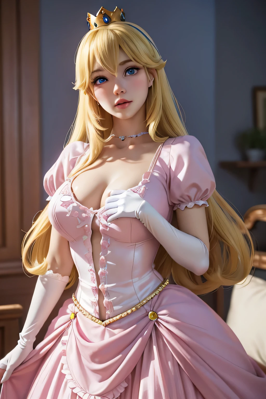 princess peach, Princess Peach, blonde hair, blue eyes, long hair,
break crown, dress, gem, gloves, pink dress, puffy short sleeve, plump sleeves, short sleeve, white gloves,
break indoors,
break looking at viewer, (cowboy shot:1.5),
break (masterpiece:1.2), highest quality, High resolution, unity 8k wallpaper, (figure:0.8), (detailed and beautiful eyes:1.6), highly detailed face, perfect lighting, Very detailed CG, (perfect hands, perfect anatomy),