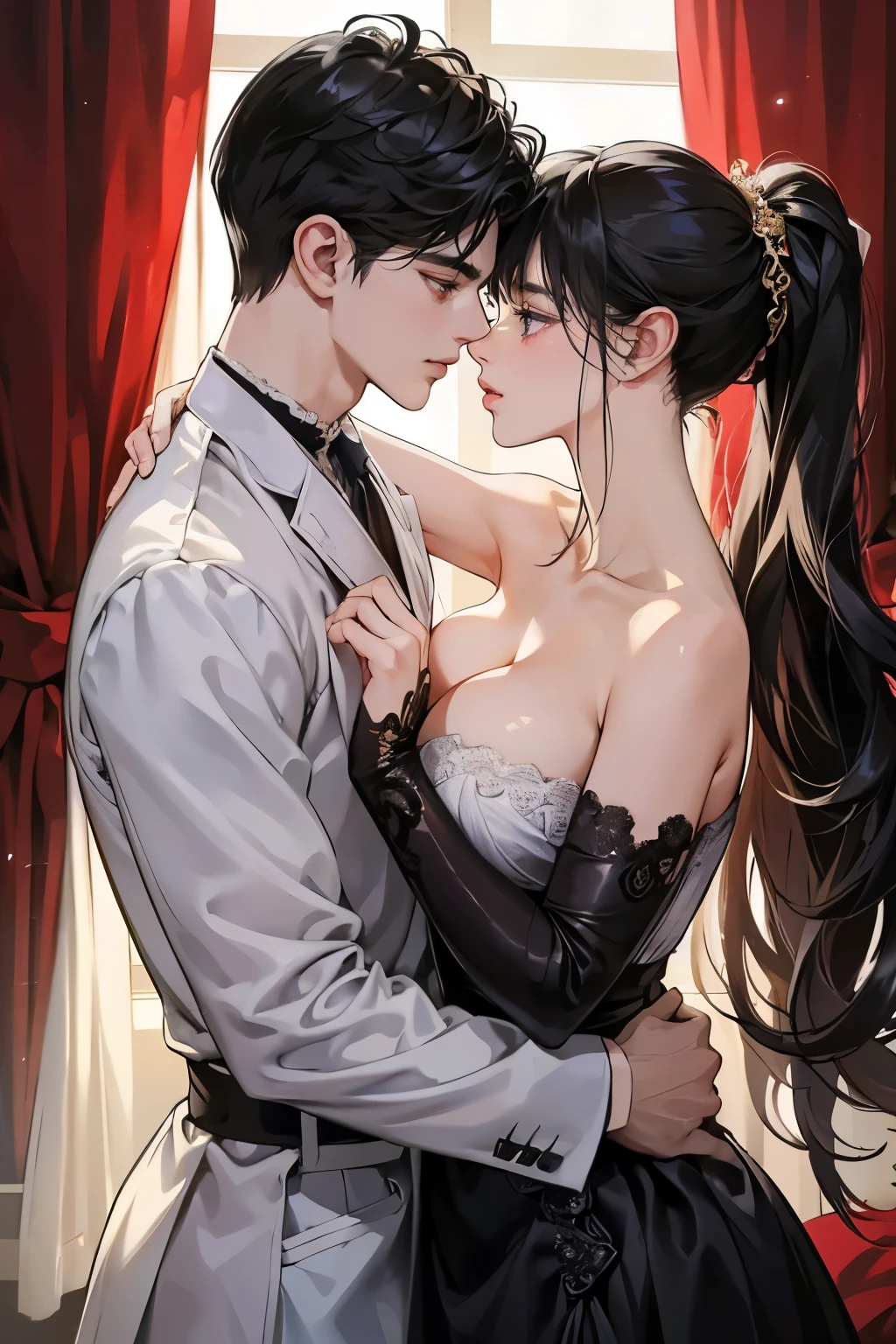 Masterpiece, best quality best, 8k, Highly detailed, Very detailed,of a handsome young man with a perfect face,perfect eyes,Dressed in a classic black prince outfit.,long black hair。His face was very striking.,The expression is focused and gentle.,Look at the woman next to you.。The girl wore a beautiful red dress,Elegantly curled hairstyle,It revealed a slender collarbone and delicate ears.。Her lips opened slightly.,Feel a man's kiss。Their bodies were clinging together.,Tap lightly with both hands.。All bedrooms are bathed in warm light.,The curtains sway gently.,nighttime,starry sky,petals,Looking from the front to the side,The man bowed his head.,kiss the girl gently,Their bodies trembled slightly.,Feel each other's breathing and heartbeat.。The whole picture is full of romance and affection.,Let people feel the charm and power of love.。,Have sex, sexy, voluptuous, pornographic, lewd, Let's do it. , Grab your breasts, Squeezing milk, suckling breasts, Licking breasts, fragrant