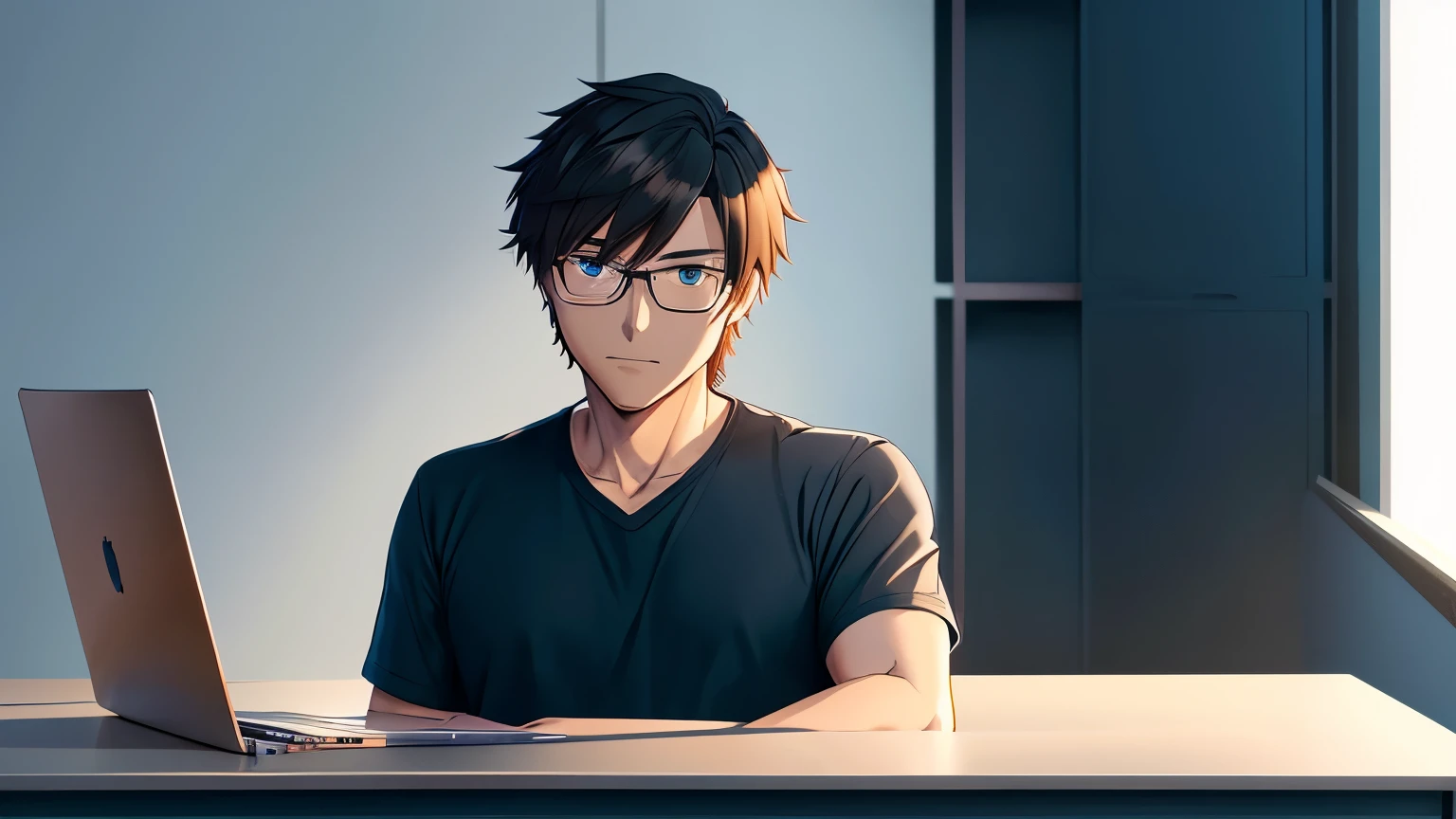 Anime friendly looking male business character who is wearing a t shirt. He is sitting behind his laptop in his office, arms on the desk.it is night. The room has volumetric lighning. He is front facing camera. Looking straight and centered, central portrait, sitting straight, front view, minimalist office background, hand on the desk. laptop top of the desk.