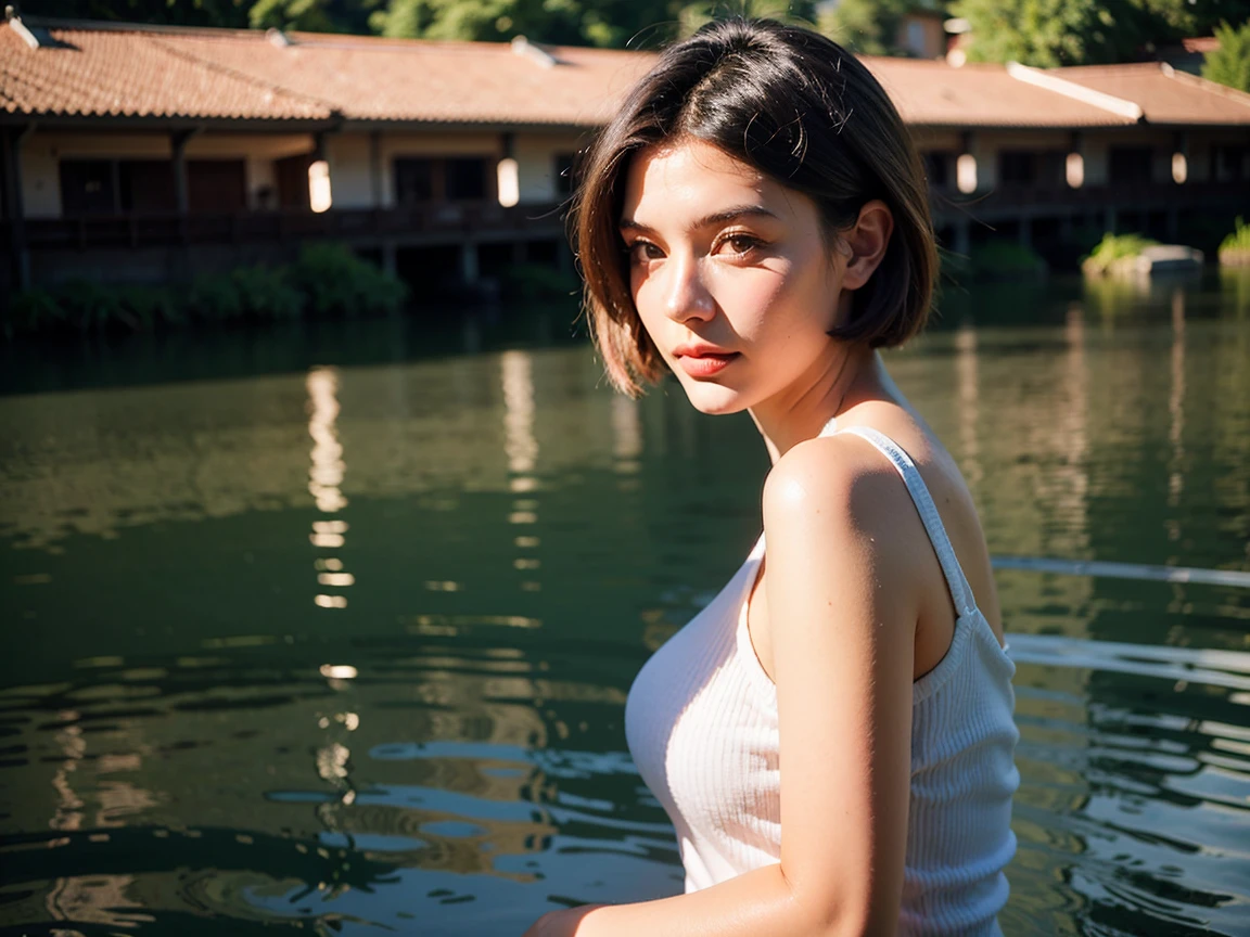 Realistic Photography, Beautiful Young Female ,Short hair ,river, extremely delicate and beautiful},Outstanding light and shadow, highly detailed wallpaper,Clear and bright sunlight,