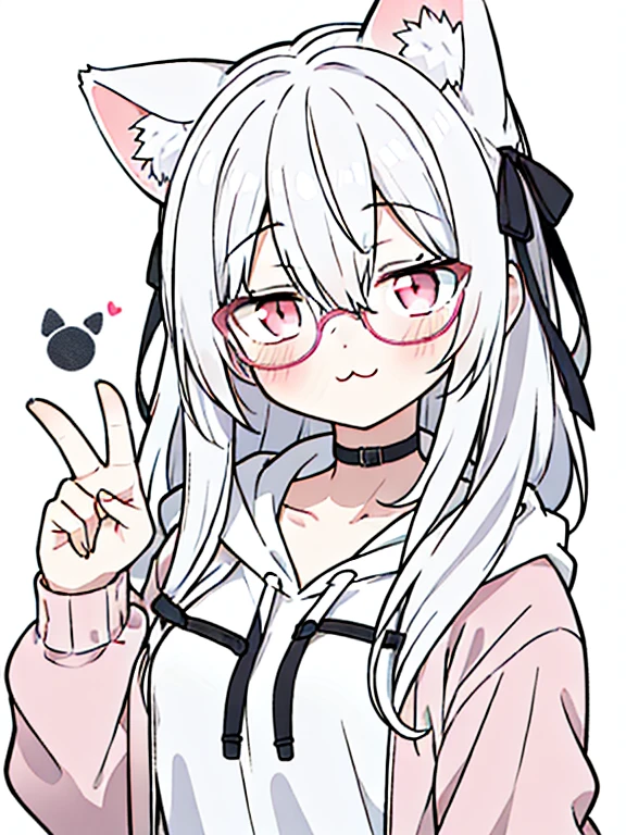 best quality, masterpiece, 1 girl, loli, upper body, hairs between eyes, female, pink eyes, long hair, small breasts, glasses, :3, wink , cat ears, white hair, silver hair, streaked hair，hoodie,  murder, hair ribbon