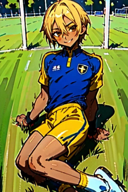 (((official art,Super thin illustration,High resolution, muste piece, best quality,best quality,)))high quality, detailed, (little boy),12 years old, A young ace striker male idol with a super cute face,A boy as beautiful as Planding, Cool handsome face with a smile, soccer spike, long legs, thighs, Foots, No bulge, (blonde、short hair)、(((brown skin:1.5))),shiny hair, (Tight shiny random color soccer uniform suit), (tight and shiny soccer shorts), (soccer socks), grassy area, cool pose, (厚いthighs、Seducing a big ass into your crotch)、(((soccer field in the park)))、((Saucy、))、grinning grin、spread legs,ultra fine painting, (best quality, In 4K, 8K, High resolution, muste piece:1.2),service shot、((detailedな目:1.2))、showing off his big butt、proud butt、
