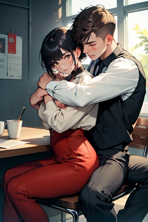 male and female couple A girl wearing a tight skirt over a blouse and sitting on a chair。Boys hugging each other from behind。A male student with a mash cut hairstyle wearing a high with long pants。