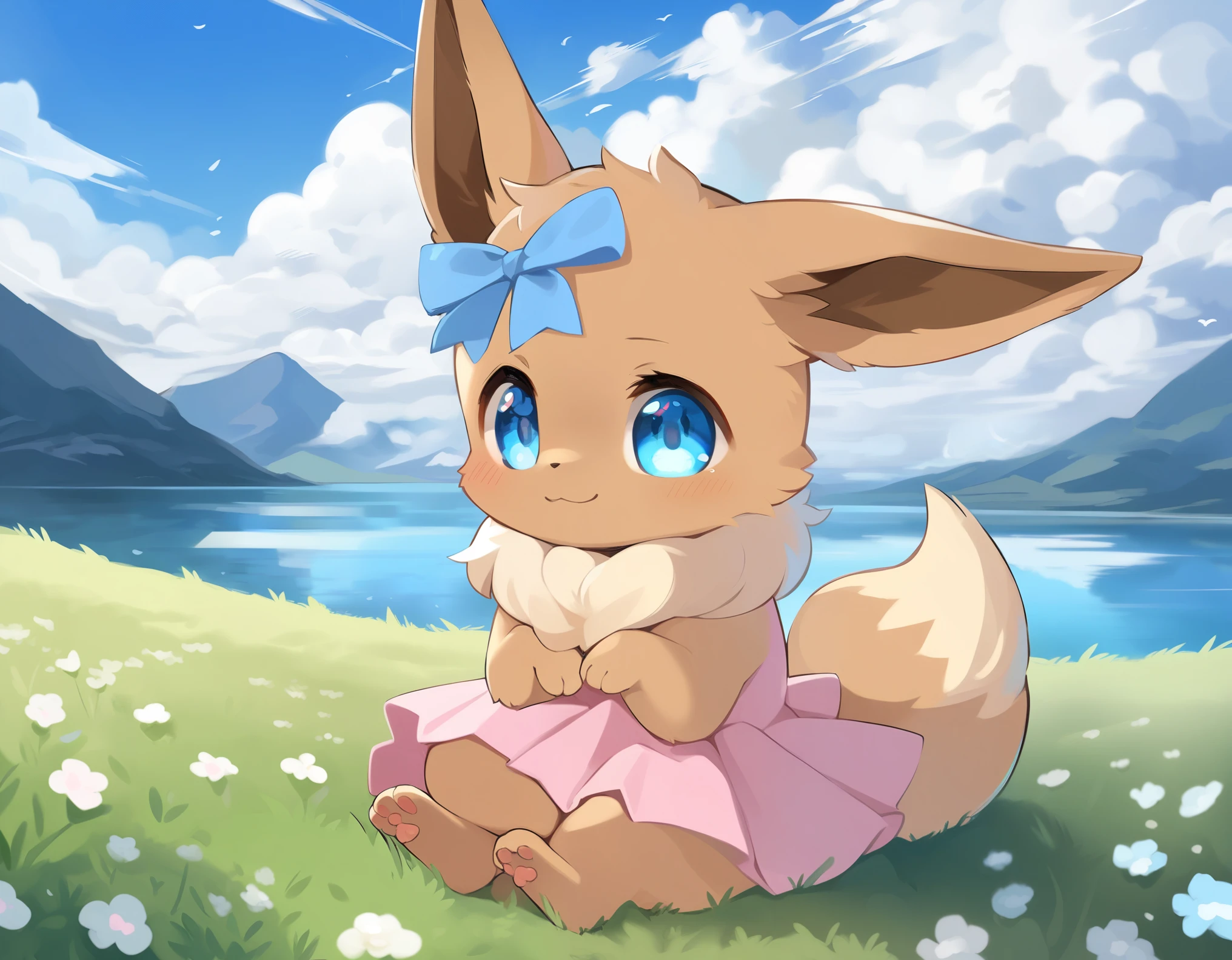 an adorable young (feral) kemono eevee, tiny little fluffy girl with a blue ribbon in her hair and a cute little pink (dress, clothed feral:1.2), she is sitting on a tuft of grass and she has an adorable expression that makes you say (daww), with big (blue eyes) and (dilated pupils) she melts your heart, <3, she is in front of a beautiful background comprising of a sparkling (lake), a tall (mountain), a clear blue sky and vast (cumulonimbus clouds), her long brown fur swaying in the wind. detailed background, masterpiece, best quality, hair ribbon