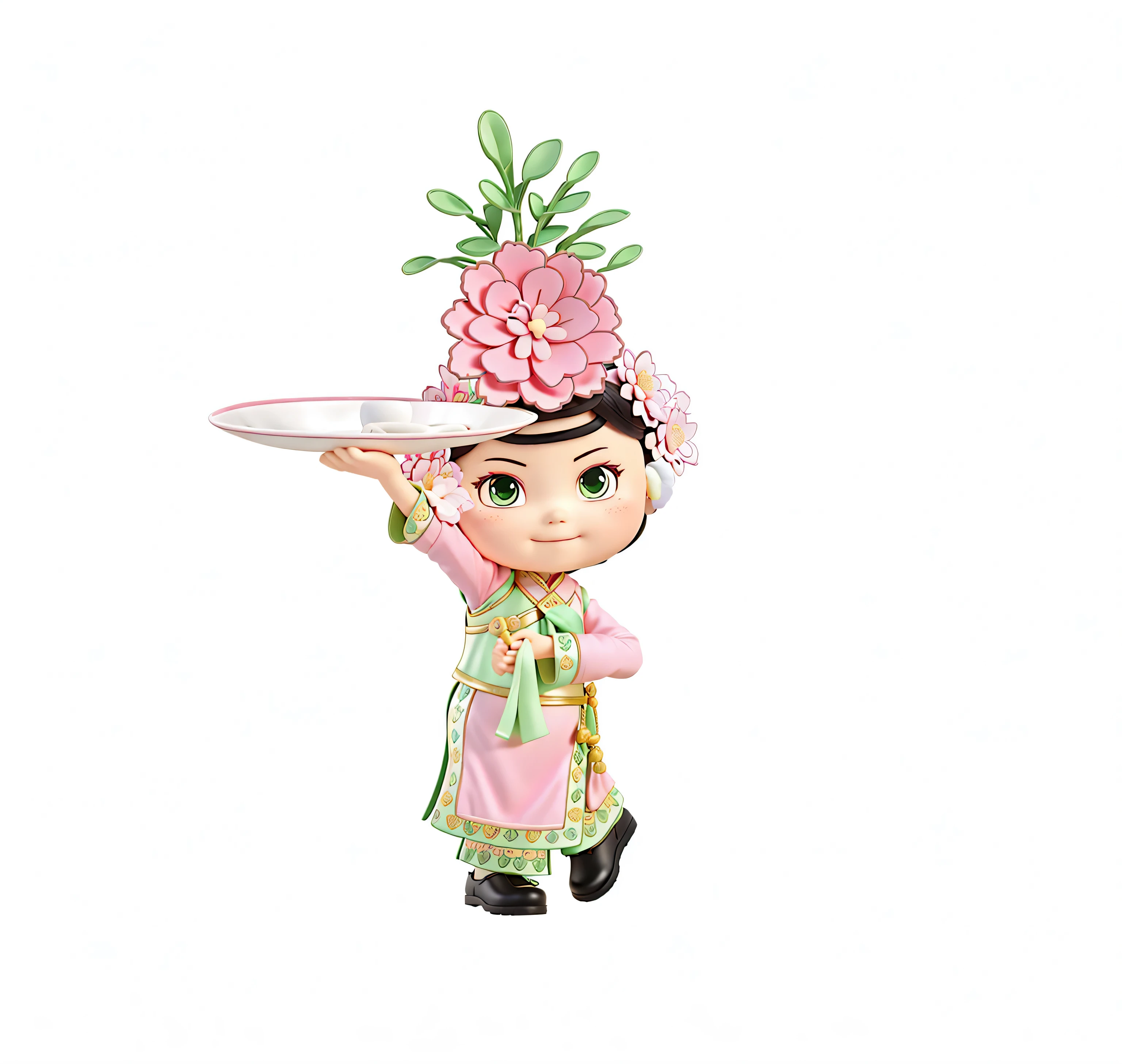 A Chinese girl wearing Yangko costume,flower headdress,Holding the plate with the left hand,Holding the handkerchief in the right hand,black shoes,feet crossed,Wearing pink and green Chinese Qing Dynasty palace clothes,The overall effect is that of a blind box ornament,3D rendering,plastic texture,Front view