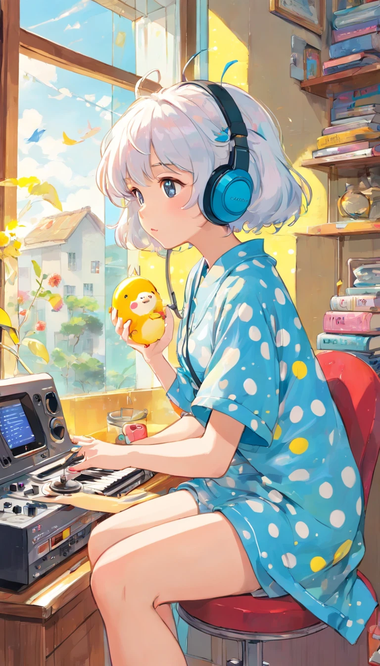 perfect body、girl、(((Girl&#39;s UP)))、(((The girl's face is well visible)))、make many round chicks、((12 years old))、(((cassette tape、radio cassette player、record)))、可愛い美girl、((Listening to music with headphones on))、machine、Note、computer、light bulb、window、Chair、curtain、retro、(((80s))) Neon color、pastel colour、((blue and white room))、Polka dot pattern、lemon、80'sパターン、round pattern、square pattern、Cartoon screentones、Dot pattern is applied from above、cooking、chick chick、Cotton candy、candy、(((Get into a rhythm))), (((lofi-art))), Cute white fur ball creature、(((The structure and balance of the face of the human body, objects, and living things are well-balanced without any discomfort.))), (((the fingers of the hand５Book))), (((beautiful and well-shaped body)))、(((Cute and beautiful face)))、Ramune Ramune Ramune、summer、青と白のPolka dot pattern