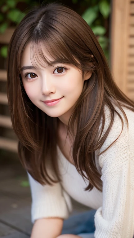 brown hair,medium hair,Female in her early 20s, small nose, with the correct look, Cute natural smile, Japanese facial features, Clean and cute face, cute realistic portrait, asian face, 8k photo, soft makeup,natural skin texture,Raw photo,highest quality,crawling position on their hands and knees