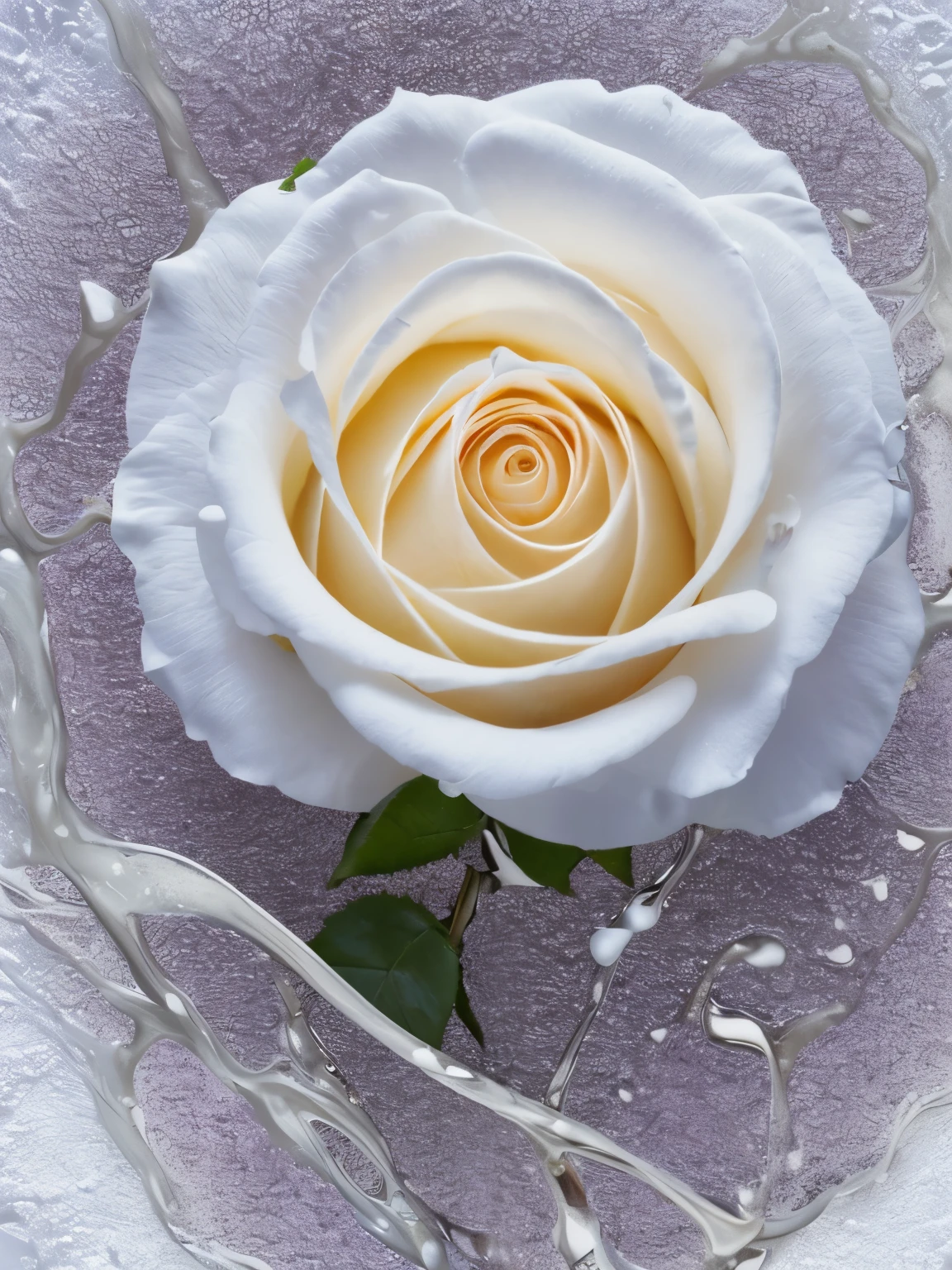 Describes a captivating and visually stunning scene. The main subject is a white rose, symbolizing purity and elegance. The rose is depicted as exploding from within, creating a sense of dynamic energy and beauty. The detached petals are described as transforming into liquid milk, adding an element of surprise and surrealism to the image.