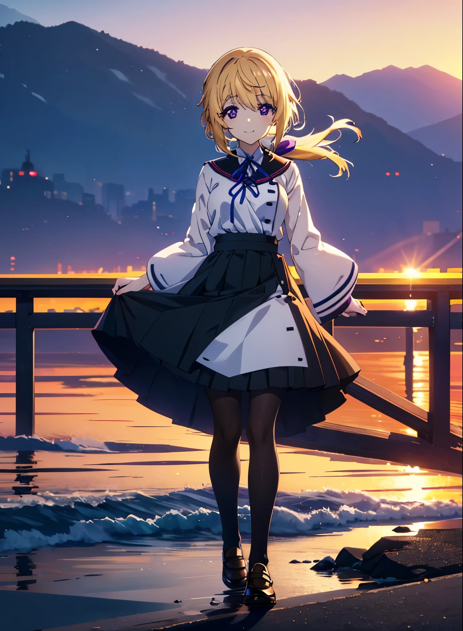 charlotte denois, Charlotte Dunois, long hair, blonde hair, ribbon, (purple eyes:1.1), ponytail,happy smile, smile, open your mouth, break , japanese high school girl uniform(black sailor suit),black pleated skirt,white pantyhose,brown loafers,walk,sunset,evening,the sun goes down,look from top to bottom,break outdoors, city,building street, break looking at viewer, Upper body,break (masterpiece:1.2), highest quality, High resolution, unity 8k wallpaper, (shape:0.8), (fine and beautiful eyes:1.6), highly detailed face, perfect lighting, Very detailed CG, (perfect hands, perfect anatomy),