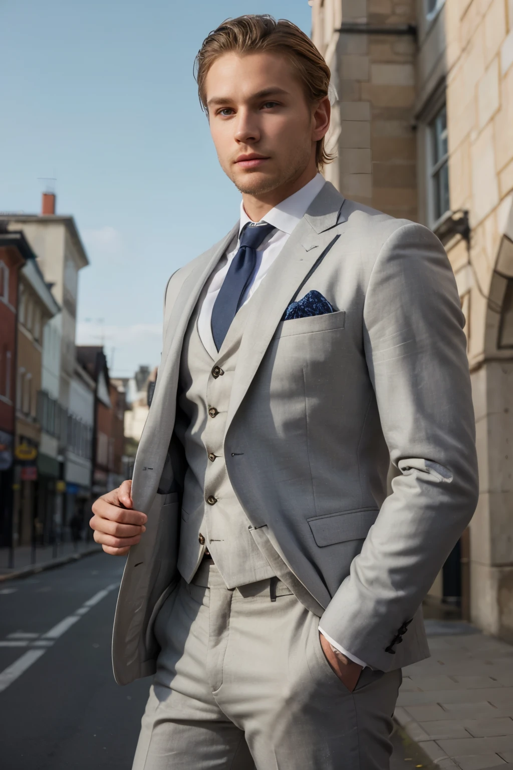 ((best quality)), ((masterpiece)), (detailed), masculine, young man, light beard, Swedish, blonde hair, short hair, blue eyes, fit body, elegant suit, photo realistic,