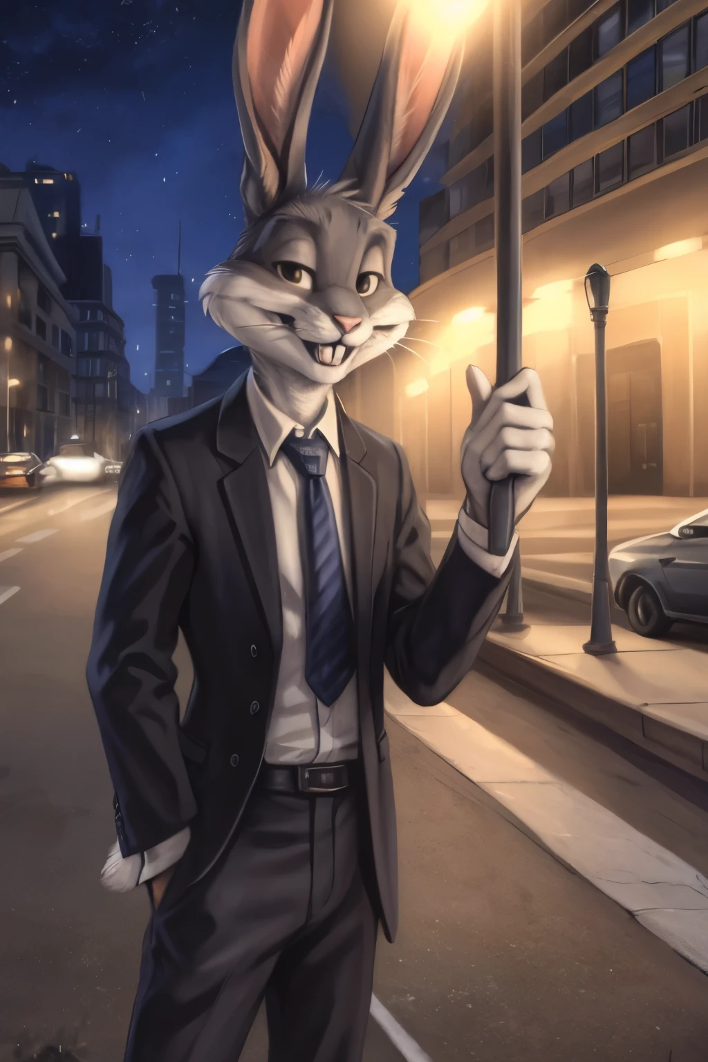 (by rukis, by blotch, by personalami, by honovy, by zackary911), male, solo, bugs bunny, rabbit, buckteeth, wearing suit, necktie, bottomwear, street, night, long ears, grey body, grey fur, white fur,furry,anime style, anime screencap, 2000s_\(style\), grin