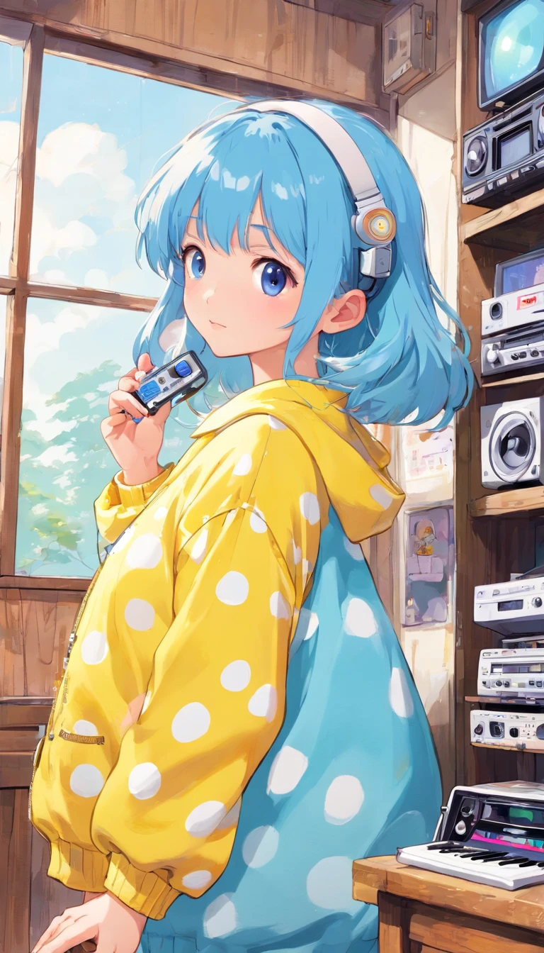perfect body、girl、(((Girl's UP)))、(((The girl's face is well visible)))、make many round chicks、((12 years old))、(((cassette tape、radio cassette player、record)))、可愛い美girl、((Listening to music with headphones on))、machine、Note、computer、light bulb、window、Chair、curtain、retro、(((80s))) Neon color、pastel colour、((blue and white room))、Polka dot pattern、lemon、80'sパターン、round pattern、square pattern、Cartoon screentones、Dot pattern is applied from above、cooking、chick chick、Cotton candy、candy、(((Get into a rhythm))), (((lofi-art))), Cute white fur ball creature、(((The structure and balance of the face of the human body, objects, and living things are well-balanced without any discomfort.))), (((the fingers of the hand5Book))), (((beautiful and well-shaped body)))、(((Cute and beautiful face)))、Ramune Ramune Ramune、summer、青と白のPolka dot pattern