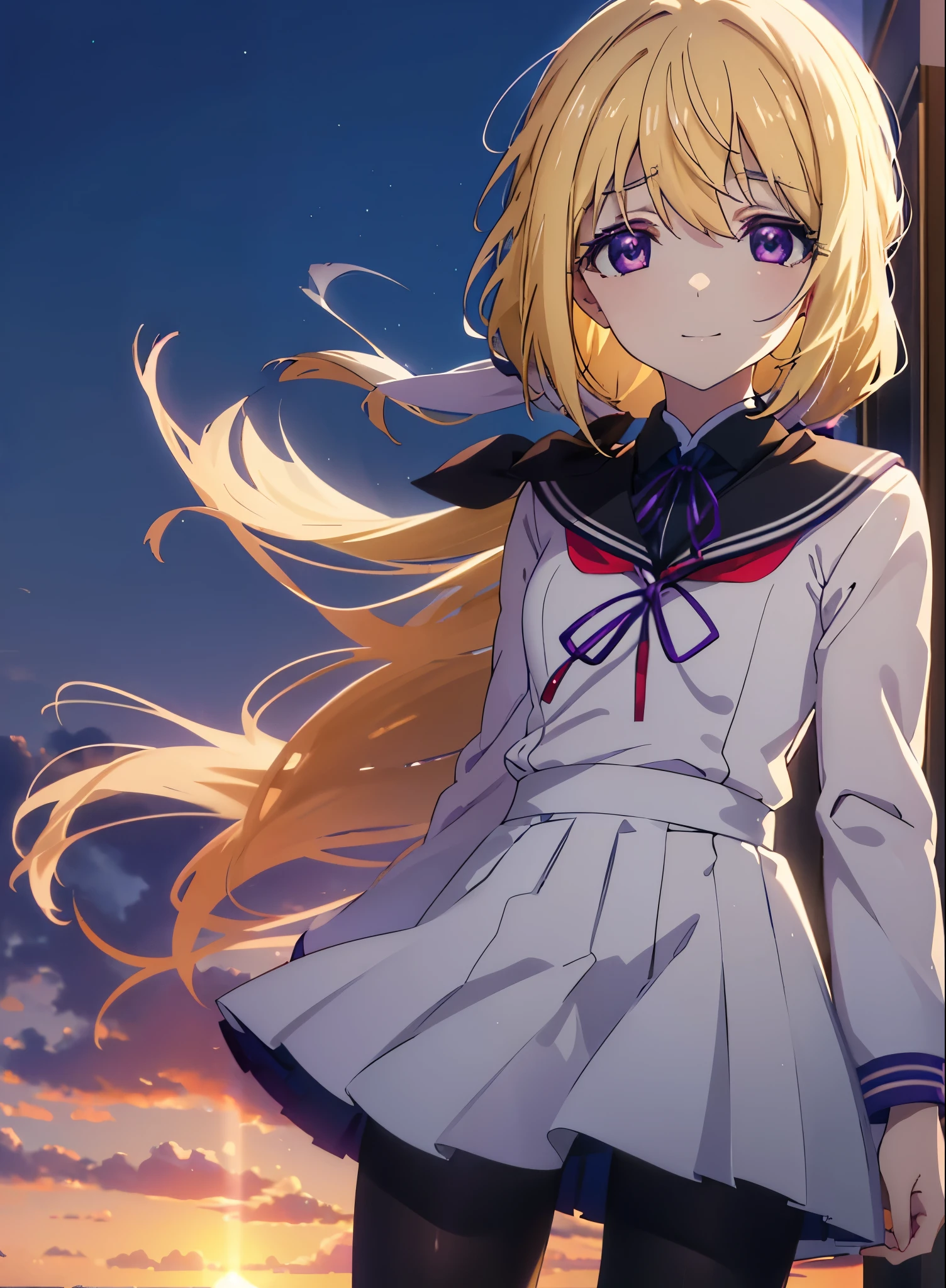 charlotte denois, Charlotte Dunois, long hair, blonde hair, ribbon, (purple eyes:1.1), ponytail,happy smile, smile, open your mouth, break , japanese high school girl uniform(black sailor suit),black pleated skirt,white pantyhose,brown loafers,walk,sunset,evening,the sun goes down,look from top to bottom,break outdoors, city,building street, break looking at viewer, Upper body,break (masterpiece:1.2), highest quality, High resolution, unity 8k wallpaper, (shape:0.8), (fine and beautiful eyes:1.6), highly detailed face, perfect lighting, Very detailed CG, (perfect hands, perfect anatomy),