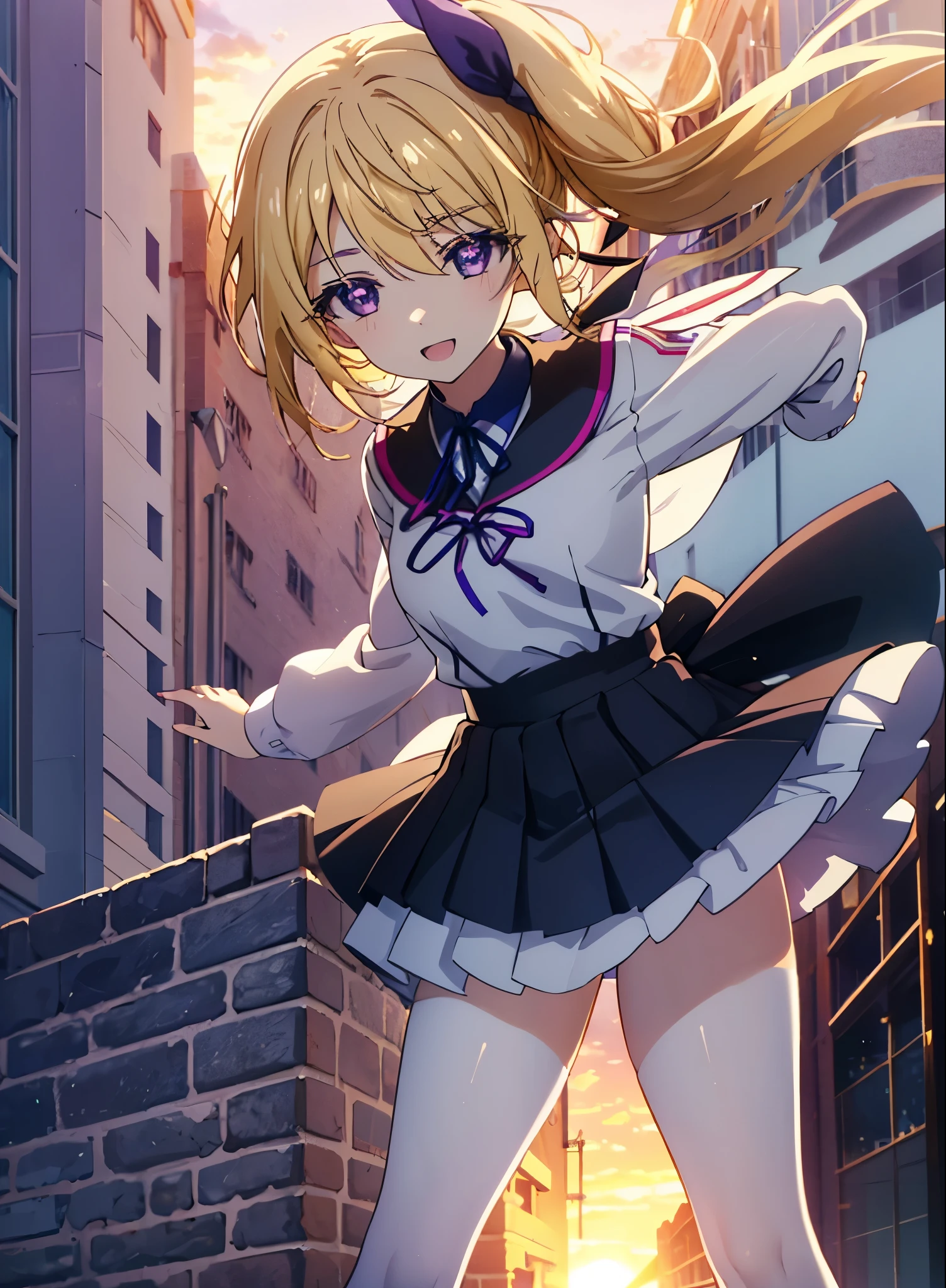 charlotte denois, Charlotte Dunois, long hair, blonde hair, ribbon, (purple eyes:1.1), ponytail,happy smile, smile, open your mouth, break , japanese high school girl uniform(black sailor suit),black pleated skirt,white pantyhose,brown loafers,walk,sunset,evening,the sun goes down,look from top to bottom,break outdoors, city,building street, break looking at viewer, Upper body,break (masterpiece:1.2), highest quality, High resolution, unity 8k wallpaper, (shape:0.8), (fine and beautiful eyes:1.6), highly detailed face, perfect lighting, Very detailed CG, (perfect hands, perfect anatomy),