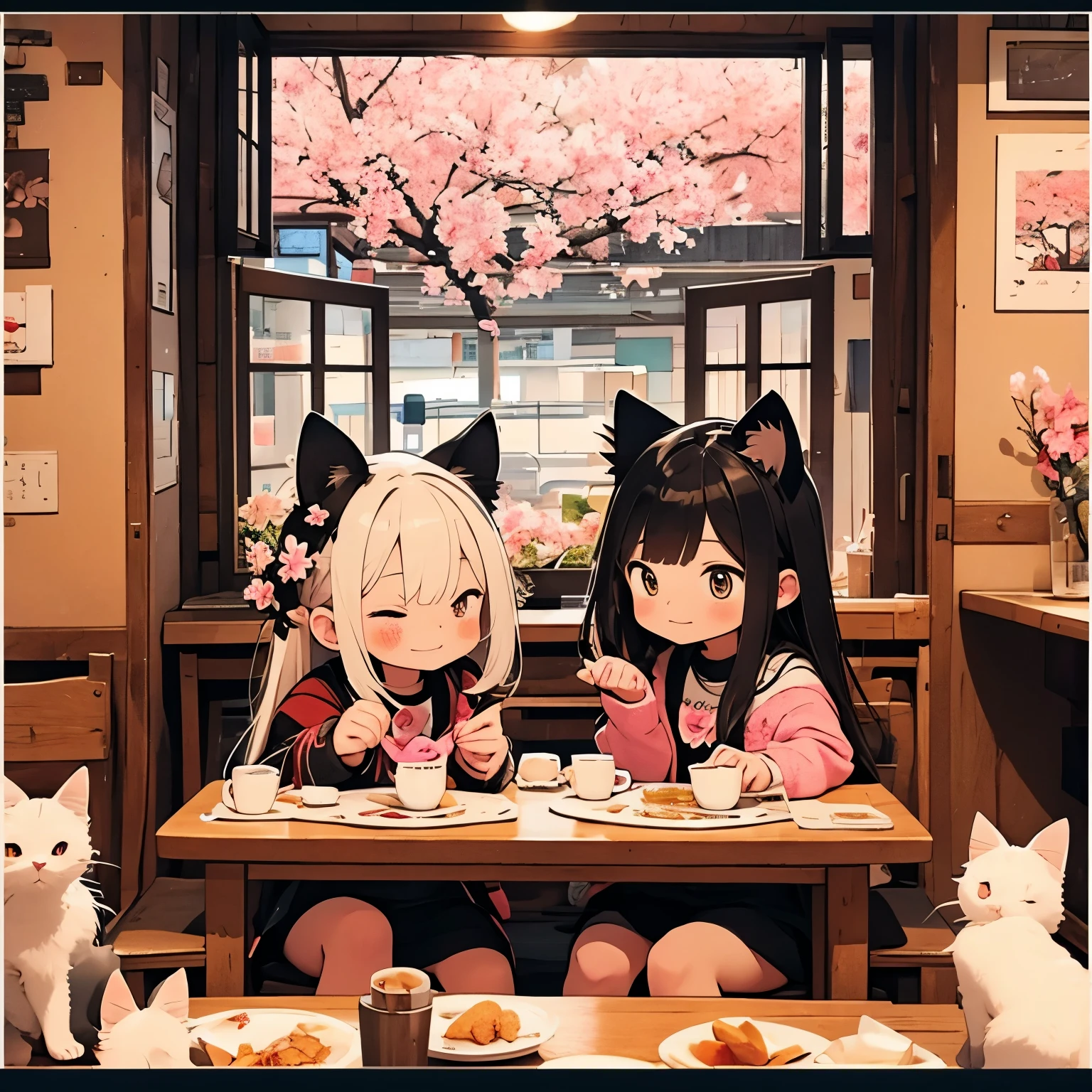 table top、A city covered in cherry blossoms、Two girls anthropomorphizing kittens、 body type、Chibi、Cat ears and tail、Hanabubuki ,happy look
