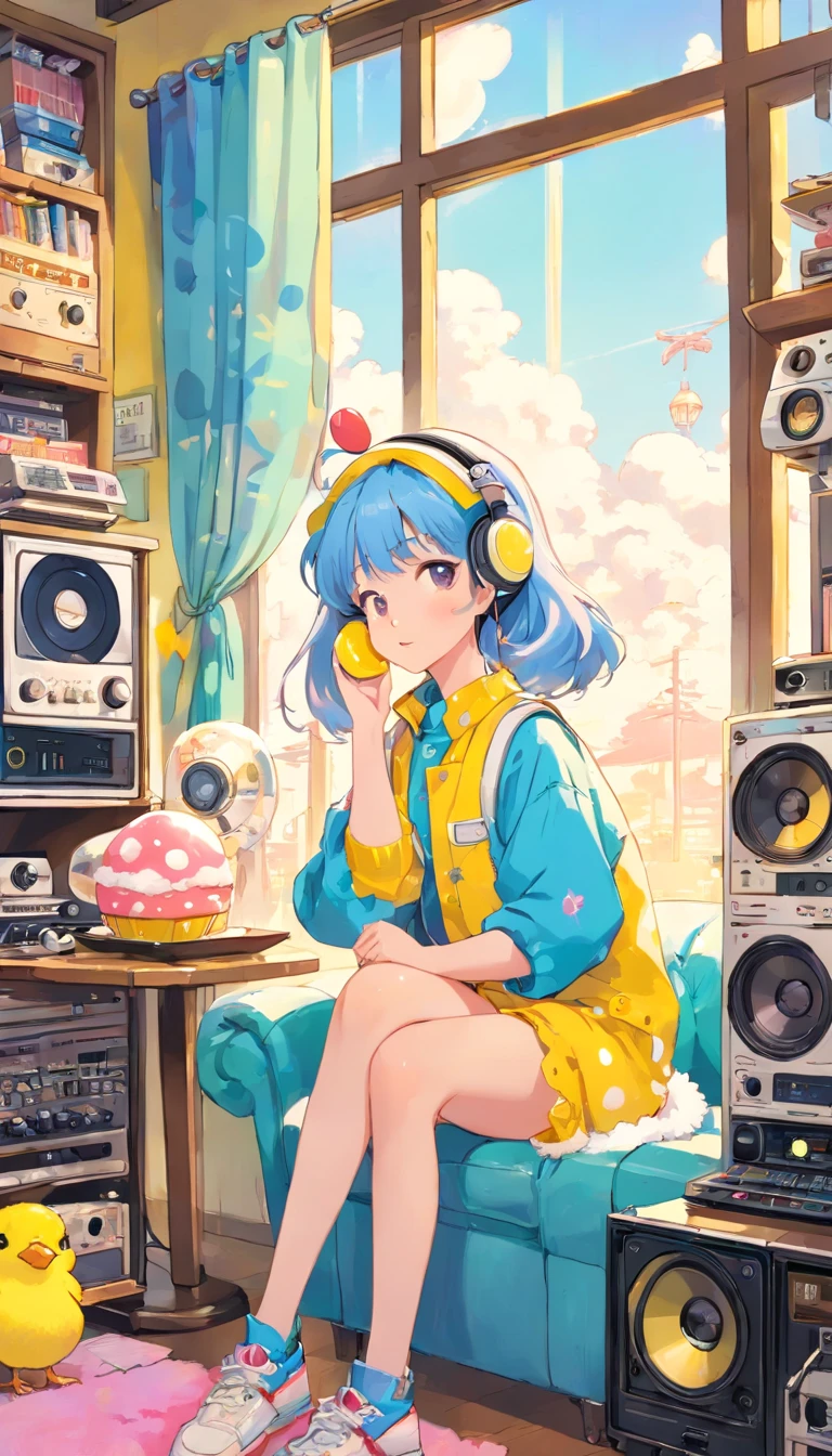 perfect body、girl、(((Girl&#39;s UP)))、(((The girl's face is well visible)))、make many round chicks、(())、(((cassette tape、radio cassette player、record)))、可愛い美girl、((Listening to music with headphones on))、machine、Note、computer、light bulb、window、Chair、curtain、retro、(((80s))) Neon color、pastel colour、((blue and white room))、Polka dot pattern、lemon、80'sパターン、round pattern、square pattern、Cartoon screentones、Dot pattern is applied from above、cooking、chick chick、Cotton candy、candy、(((Get into a rhythm))), (((lofi-art))), Cute white fur ball creature、(((The structure and balance of the face of the human body, objects, and living things are well-balanced without any discomfort.))), (((the fingers of the hand５Book))), (((beautiful and well-shaped body)))、(((Cute and beautiful face)))、Ramune Ramune Ramune、summer、青と白のPolka dot pattern