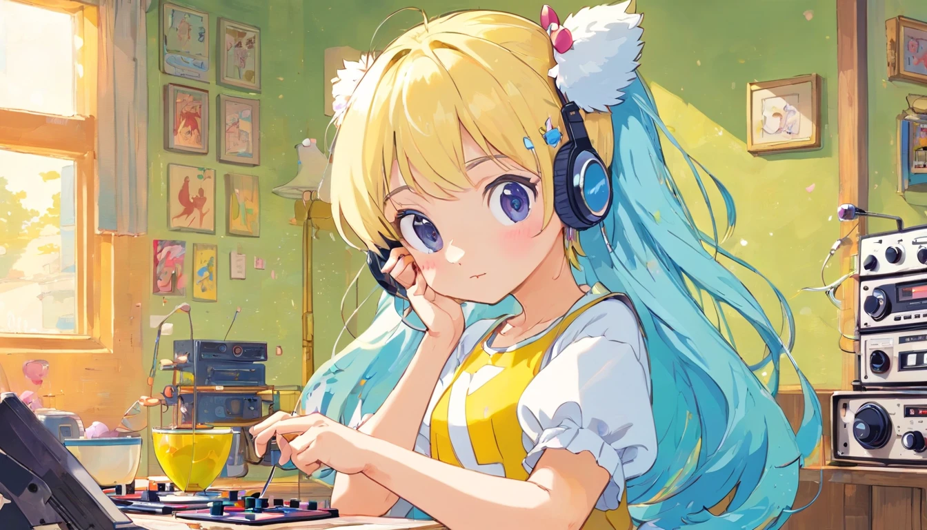 perfect body、girl、(((Girl's UP)))、(((The girl's face is well visible)))、make many round chicks、((12 years old))、(((cassette tape、radio cassette player、record)))、可愛い美girl、((Listening to music with headphones on))、machine、Note、computer、light bulb、window、Chair、curtain、retro、(((80s))) Neon color、pastel colour、((blue and white room))、Polka dot pattern、lemon、80'sパターン、round pattern、square pattern、Cartoon screentones、Dot pattern is applied from above、cooking、chick chick、Cotton candy、candy、(((Get into a rhythm))), (((lofi-art))), Cute white fur ball creature、(((The structure and balance of the face of the human body, objects, and living things are well-balanced without any discomfort.))), (((the fingers of the hand5Book))), (((beautiful and well-shaped body)))、(((Cute and beautiful face)))、Ramune Ramune Ramune、summer、青と白のPolka dot pattern