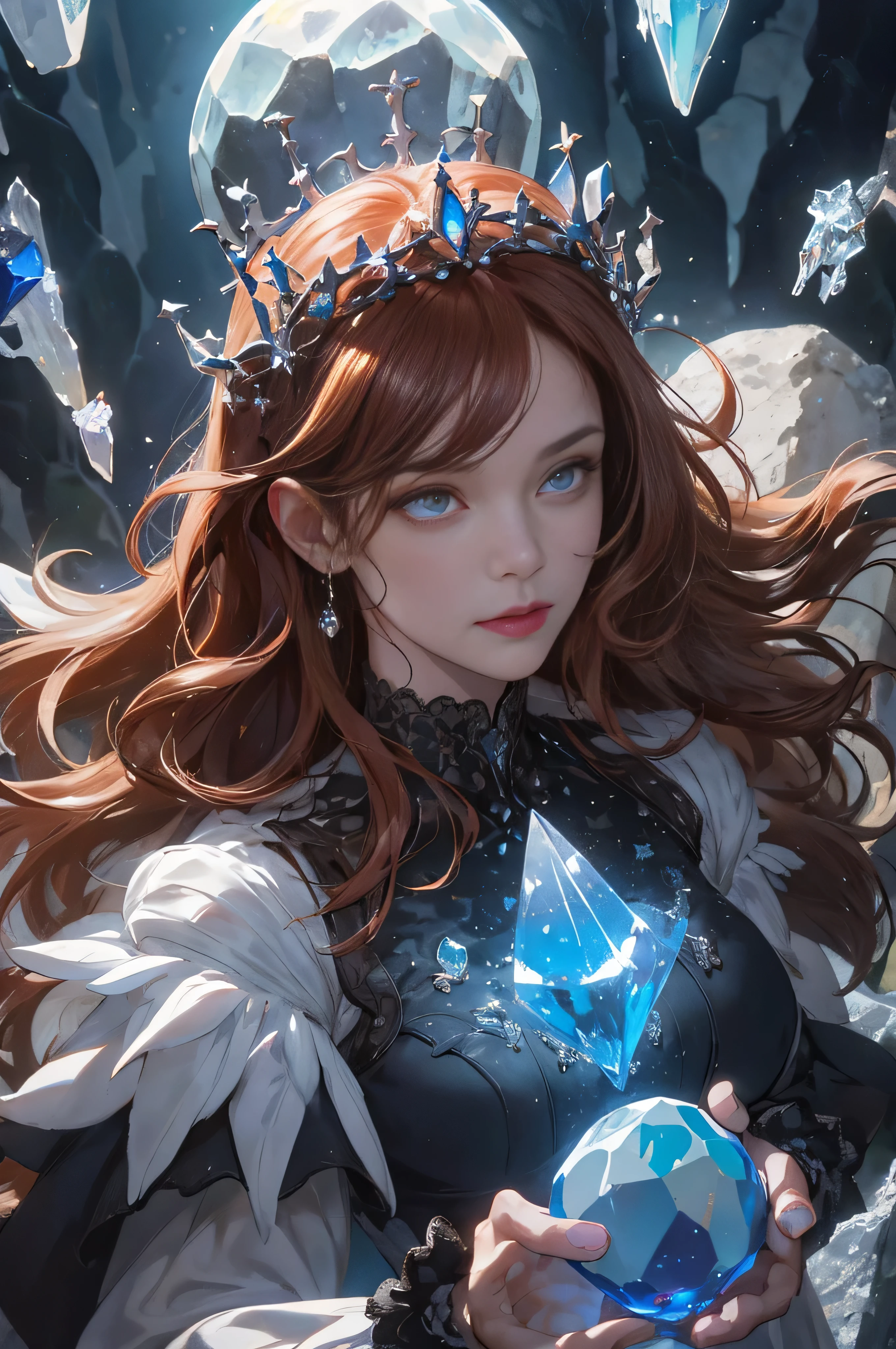 (Ridiculous, high resolution, Super detailed), 1 lady, adult, getting old, wavy long hair, auburn hair, coral eye, Bangs, long sleeve, finely detailed eyes and Detailed face, Extremely detailed CG unified 8k wallpaper, intricate details, (Style Swirl Magic:1.0), looking at the audience, alone, Upper body, Detailed background, close up, Detailed face, (Gothic Dark Ages Theme:1.1), Crystal Magician, dynamic poses, earth themed clothes, crystal crown, floating in the air, glowing magic shard, Surrounded by blue magic crystals, rock formation, Stalactites, magical floating particles, crystal glass, crystal ball, crystal canyon background, (shallow water:0.7), Epic ethereal atmosphere, updraft,, portrait