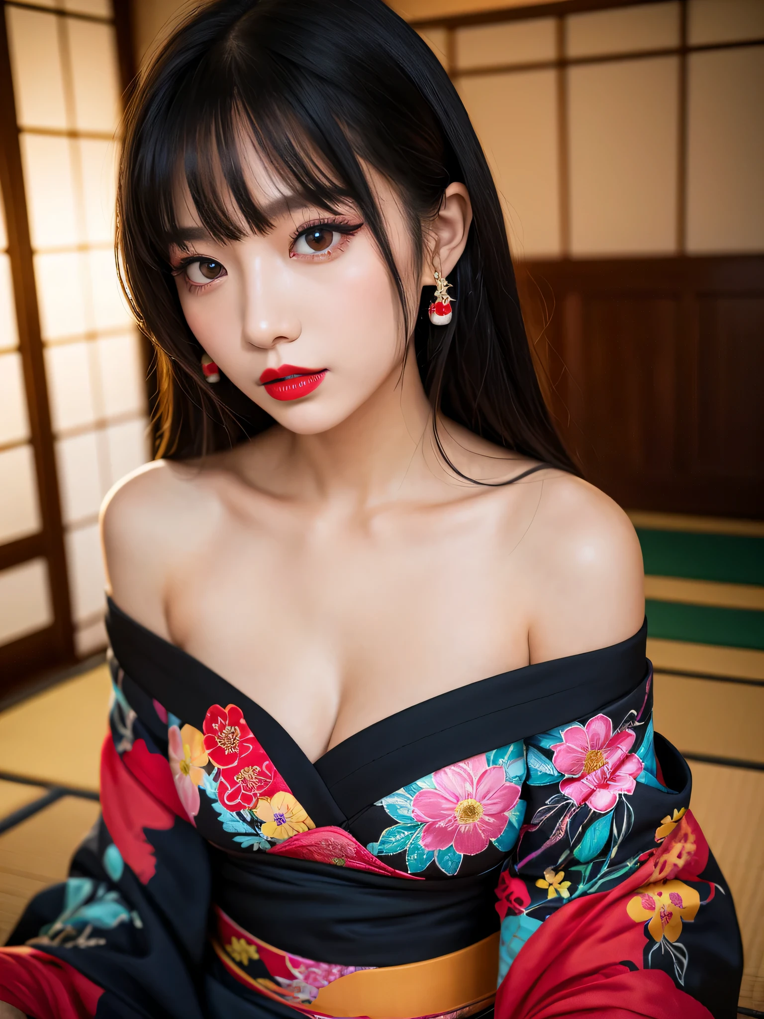 masterpiece, best quality, highres, 4k, 8k, ultra detailed, absurdres,vivid contrast, vibrant colors, full body,1girl, black hair, japanese clothes, solo, kimono,  long hair, makeup, hair ornament, red eyes, floral print, looking at viewer, red lips, lipstick,pink  kimono, flower, fingernails,  floating hair, eyeshadow、valley、big breasts、Photographed in a Japanese-style room、naked, nude, bare