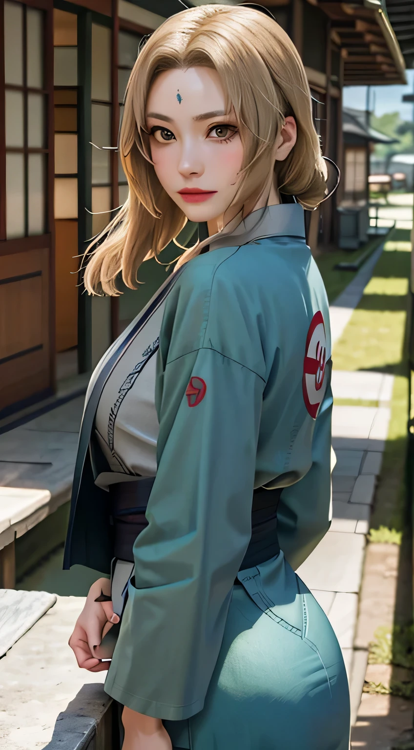 Tsunade Senju, bella, masterpiece, very detailed, better quality, best illumination, best eyeshadow, perfect face, light brown eyes, blue mark on forehead, A gray kimono with a red obi、wearing a green jacket, 1 girl, big , big ass, Lean forward and look at the viewer, em konoha,