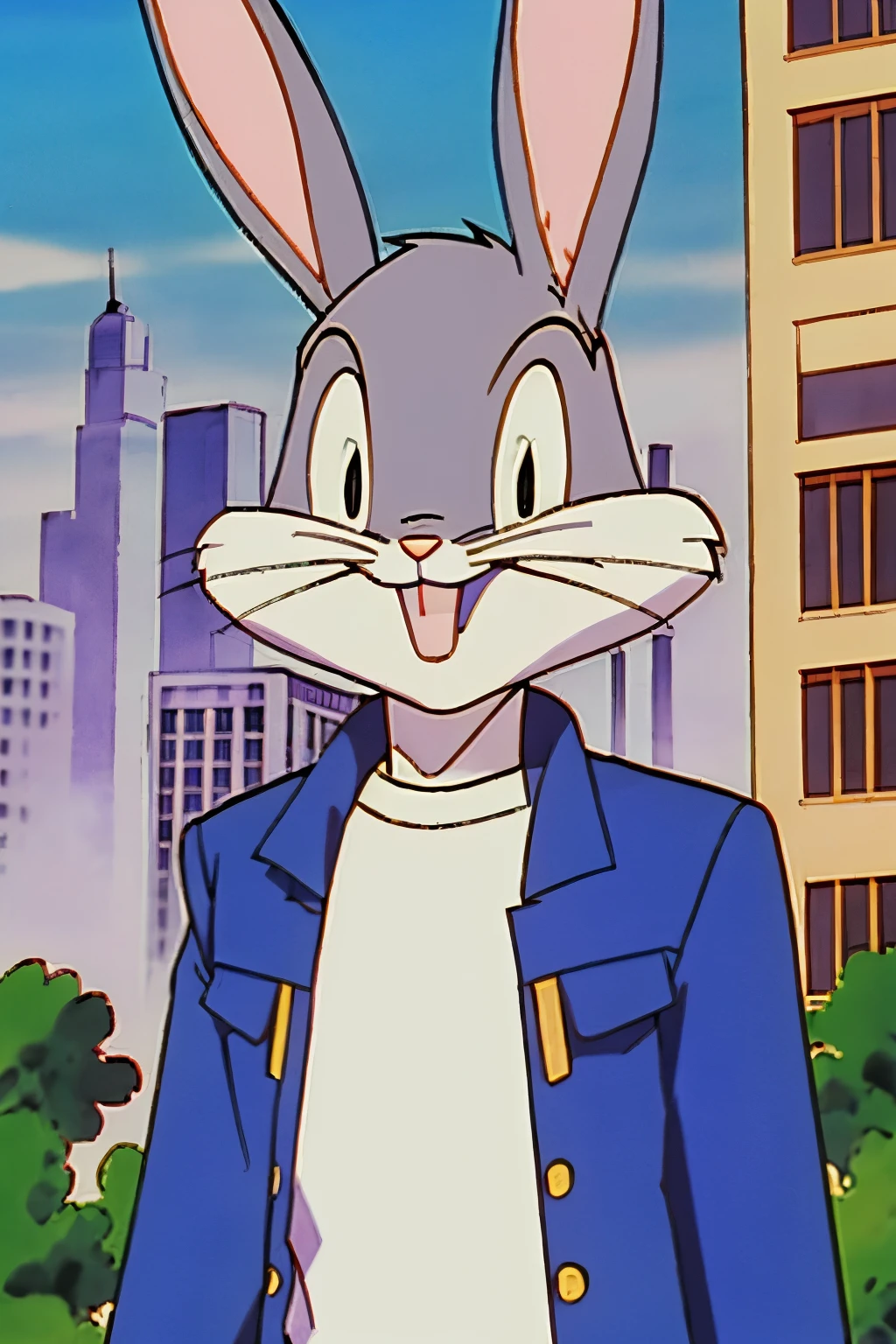 gloves, male, solo, bugs bunny, rabbit, buckteeth, city, long ears, grey body, grey fur, white fur,furry,anime style, anime screencap, 1990s_\(style\), grin, forest, upper body, short-sleeved jacket with white lining,