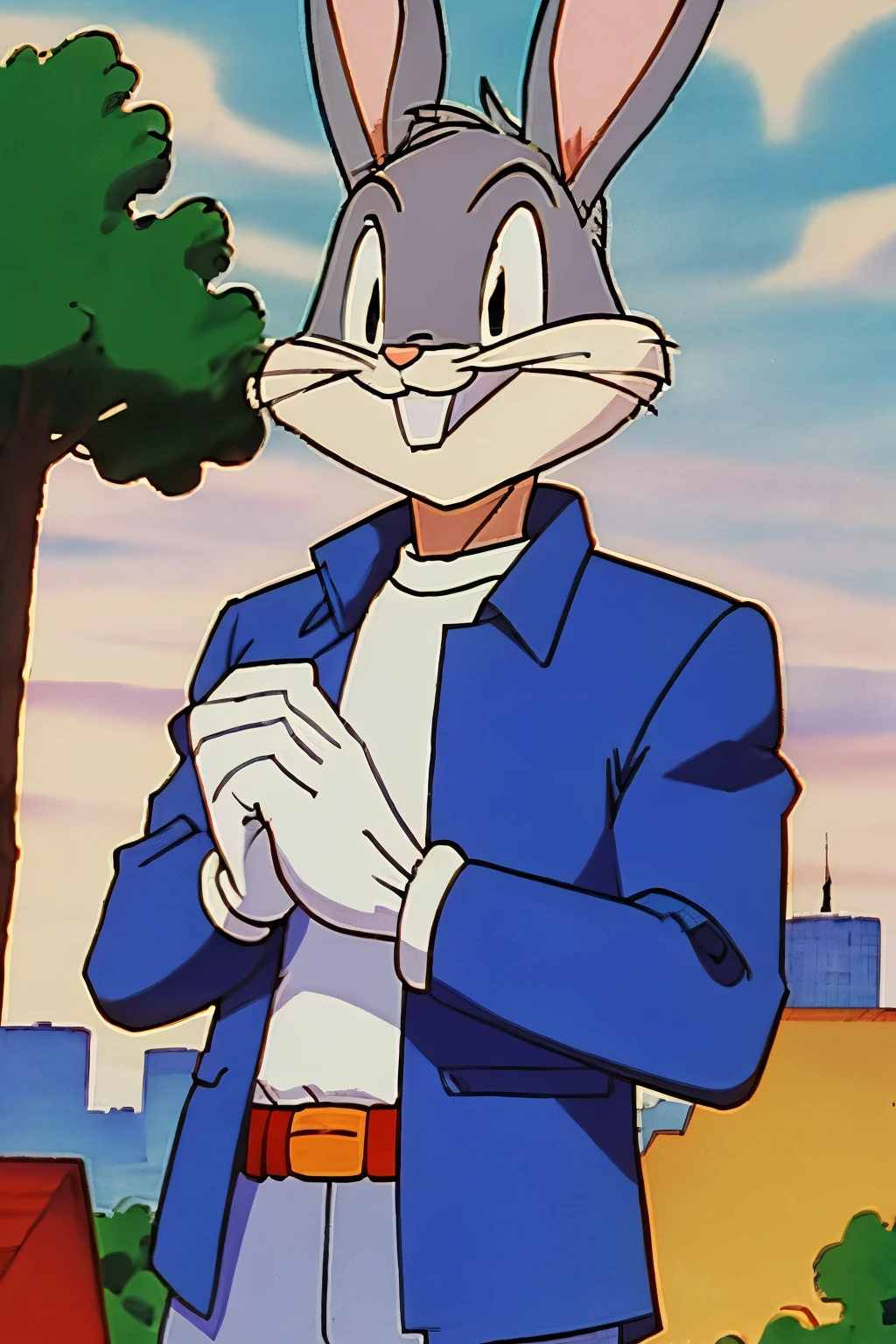 gloves, male, solo, bugs bunny, rabbit, buckteeth, city, long ears, grey body, grey fur, white fur,furry,anime style, anime screencap, 1990s_\(style\), grin, forest, upper body, short-sleeved jacket with white lining,