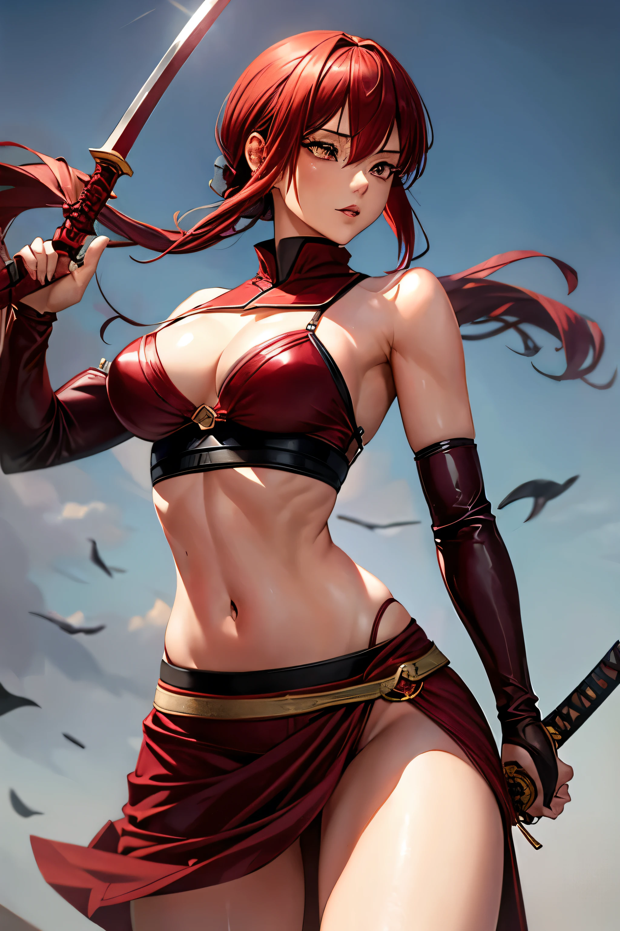 sexy and pretty female shinobi with short maroon hair holding a red bladed sword with one hand in elegent way with a revealing outfit