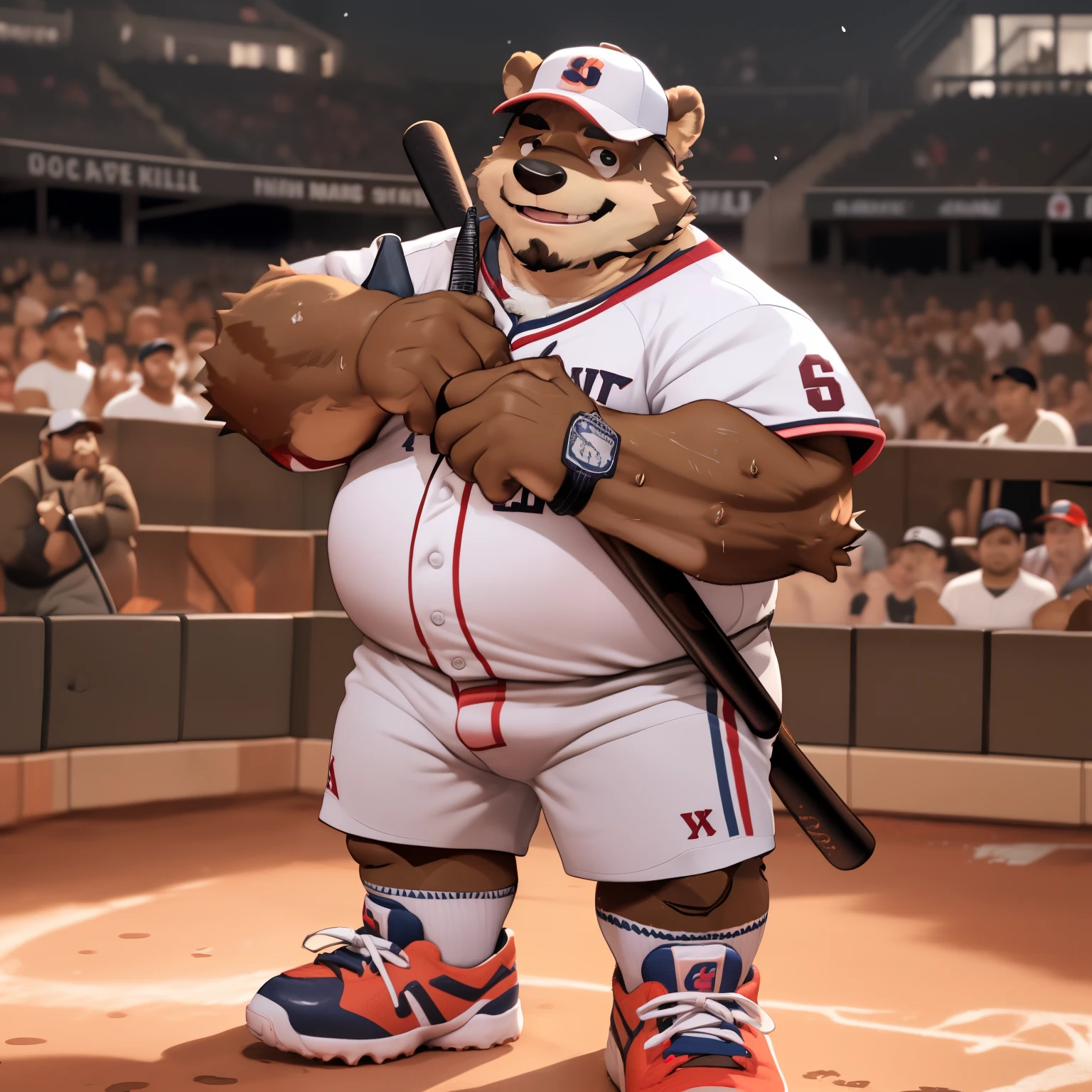 New Jersey 5 Hairy, Bear，full body portrait, male,exquisite， chubby，thick arms，plush fur，front，stand，baseball cap，red and white striped shirt，white shorts，sneakers，holding a baseball bat，stand，sweating，Smile