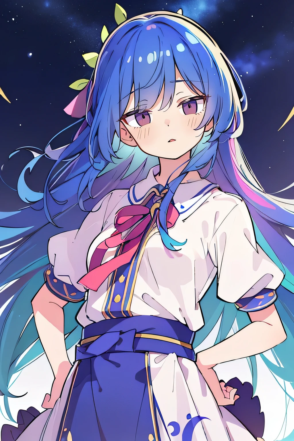 (best quality,highres,masterpiece:1.2),ultra-detailed,(realistic:1.37), expressive eyes, perfect face, 1 girl, hands on waist, beautiful, glamorous, Japanese anime, girl, Lola, Chouno Angel, blue hair, floating clothes, waist grabbing, hands on hips, flat-chested, starry sky