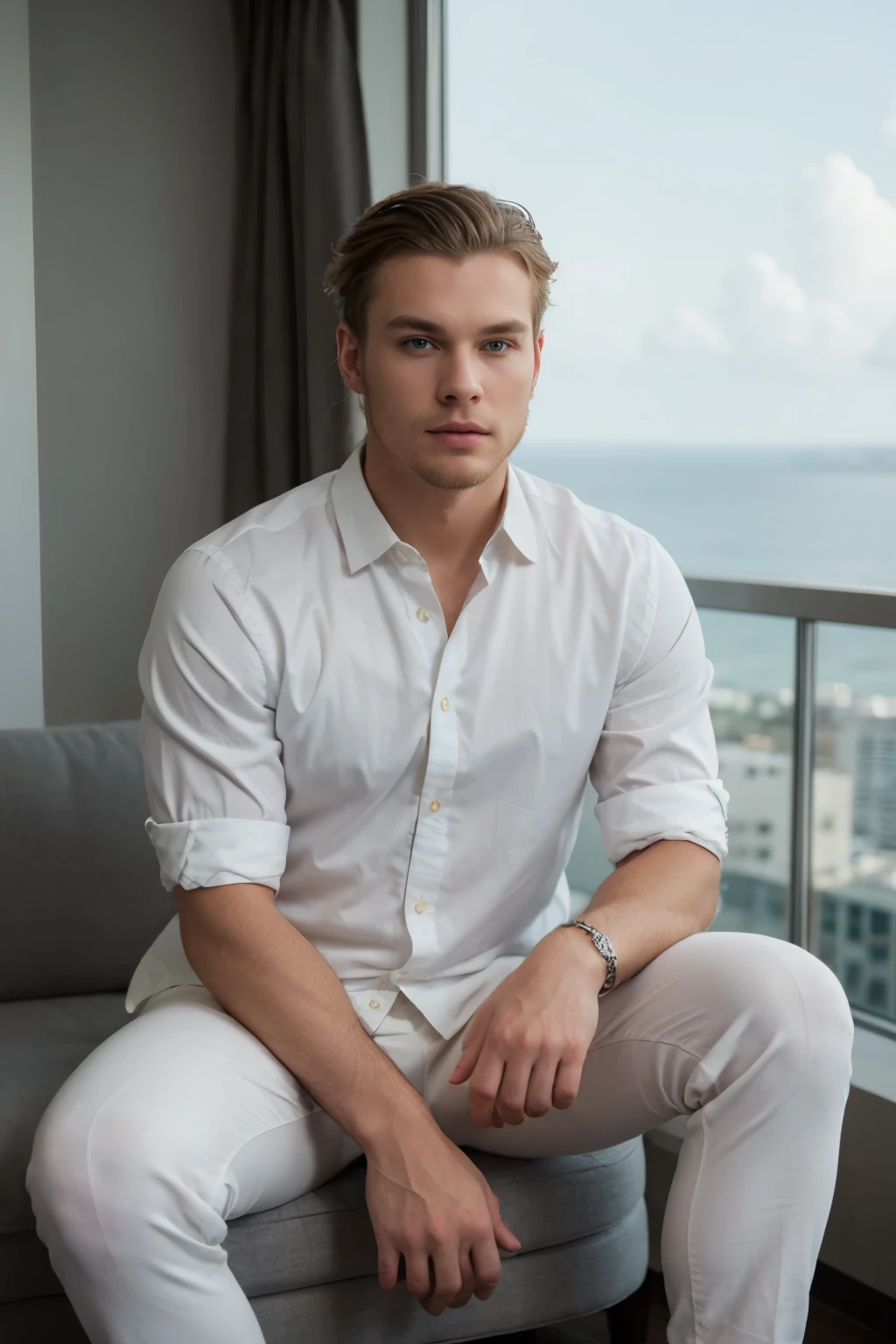 ((best quality)), ((masterpiece)), (detailed), masculine, young man, light beard, Swedish, blonde hair, short hair, blue eyes, fit body, elegant suit, white shirt, photo realistic, sitting in a penthouse in Miami