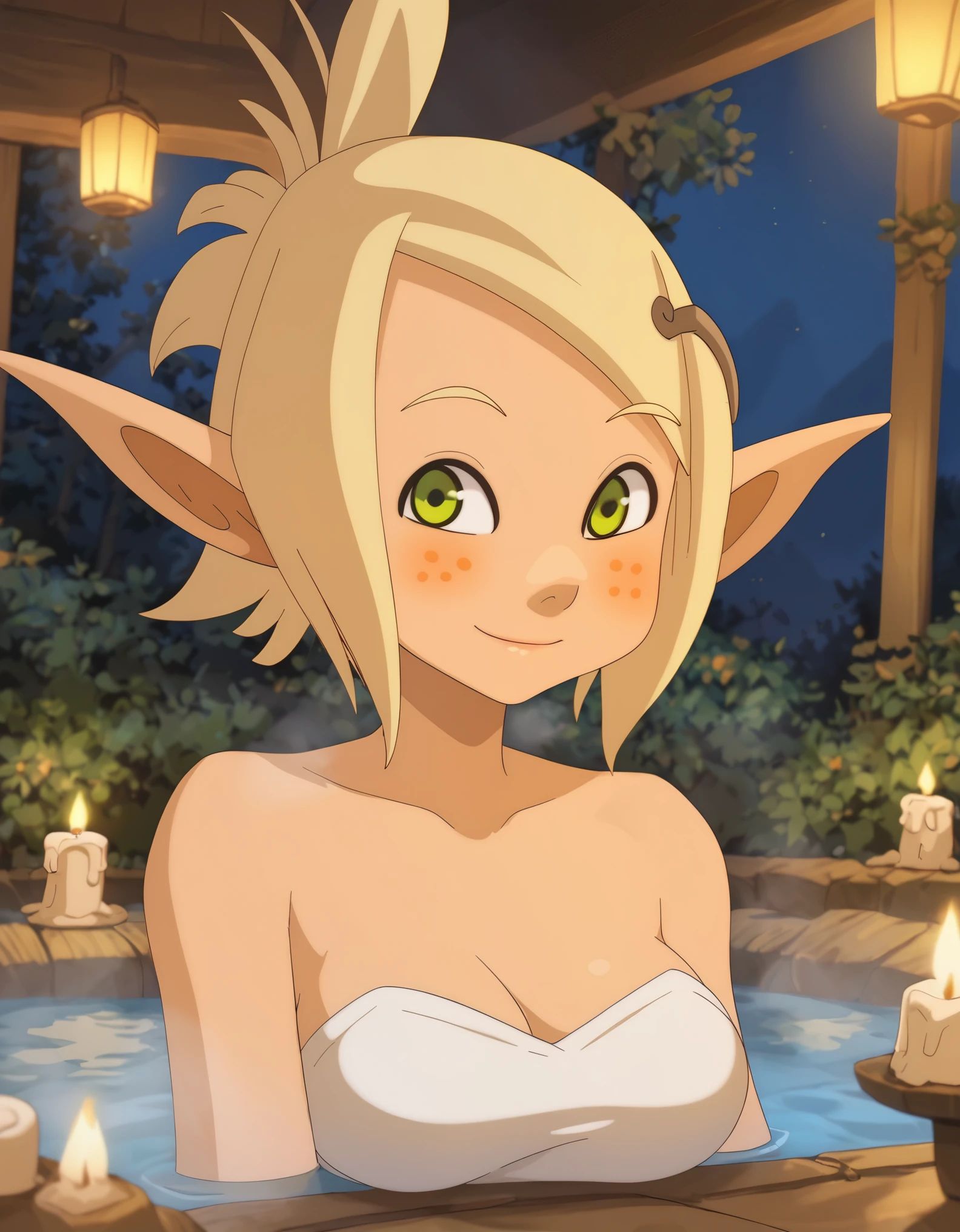 (score_9, score_8_up), score_7_up, score_6_up, 1girl, evangelyne s1, short hair, ponytail, blonde hair, hair ornament, pointy ears, light freckles, green eyes, sauna, onsen, thermal sources, indoors, wooden wall, water, steam, ((submerged, inside water)), upper body, sitting, closed mouth, night, candles, smile, looking at viewer, blushing, happy, 