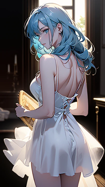 ((masterpiece, best quality, high resolution, Super detailed),(beautiful and beautiful:1.2), 1 female, aldult, Perfect body, Turn your back and look back,Long light blue hair,warm light,Off the shoulders,Pure white tutu dress with spaghetti straps,Wearing a black tight top underneath,getting dressed, Blurred foreground