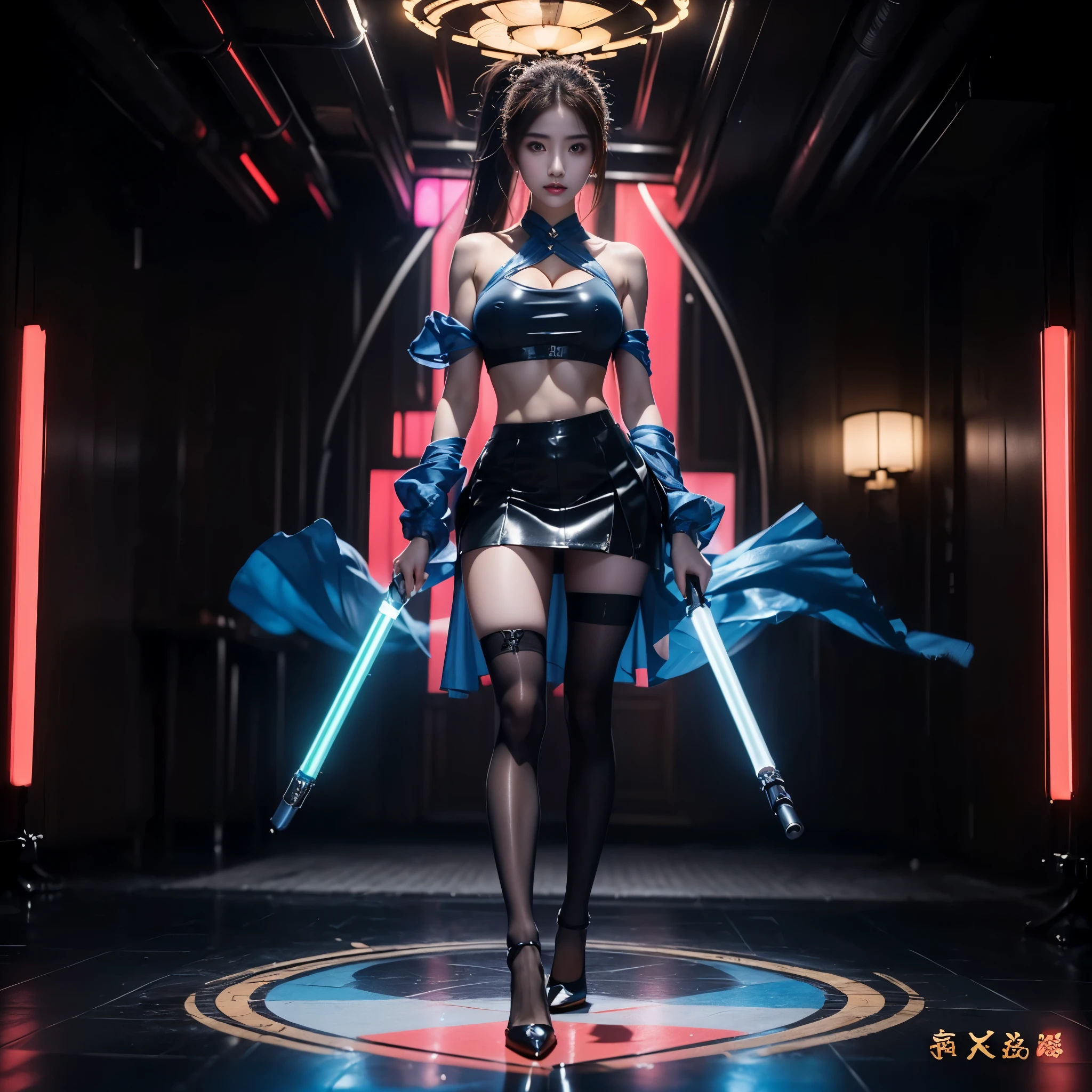 ((Full body image,A futuristic girl facing the camera、Holding a blue lightsaber,huge breasts,long brown hair、With a high ponytail,Blue plastic textured clothes and skirts,pantyhose,dynamic poses,Black background,square floor tiles,ring of lights,Perspective drawing)), tights,miniskirt,pantyhose,High heel,