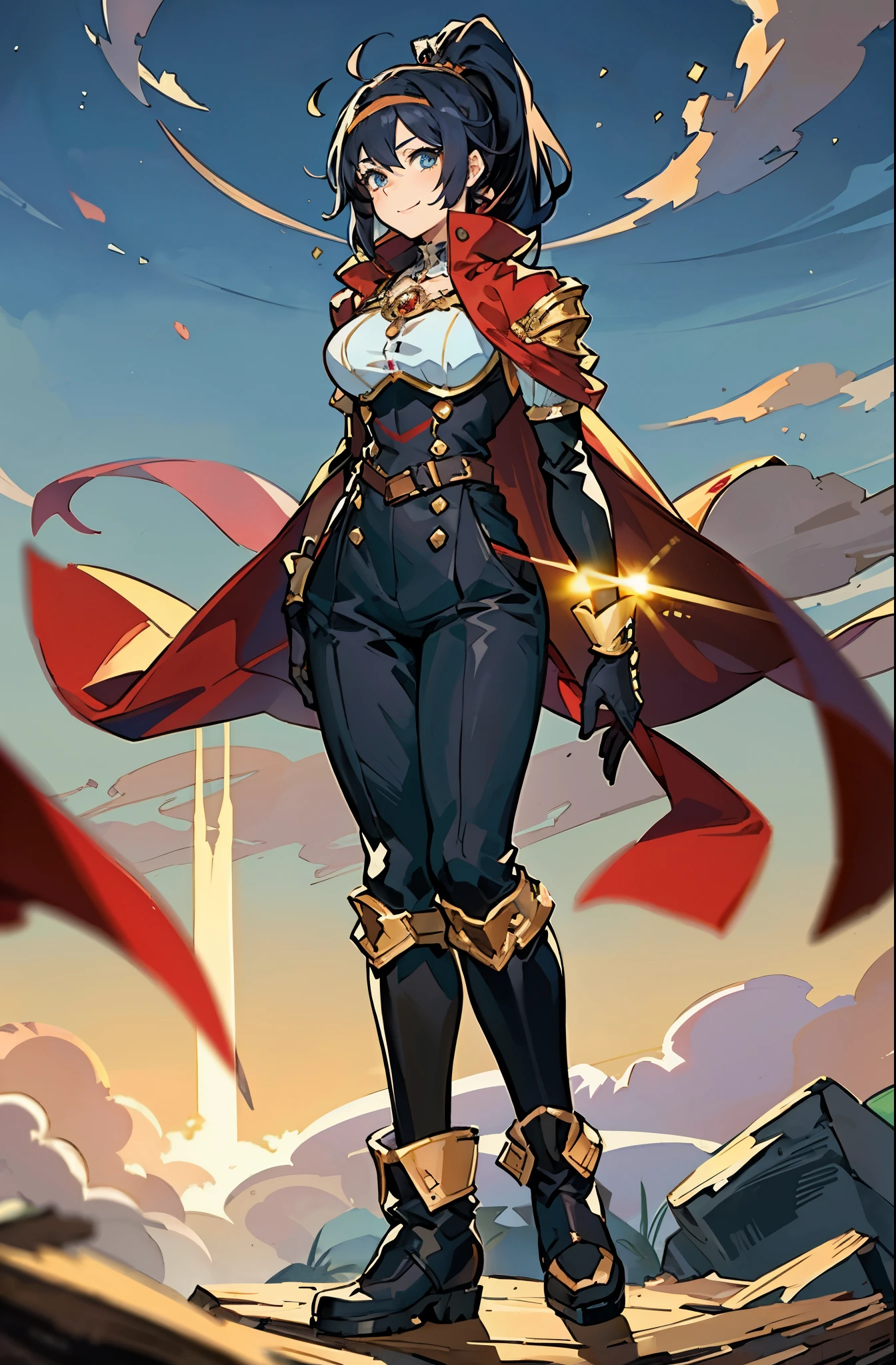 A girl with long indigo hair, a high ponytail, a headband adorned with crescent moon decorations, bright round eyes, a cheerful smile, a curious expression, a fantasy-style adventurer's coat with a short hem, houlder extensions forming a cape cloak, fabric gloves, a multifunctional belt, coarse cloth trousers, knee-high leather boots, a wilderness backdrop of Akira Toriyama's style, this character embodies a finely crafted fantasy-style adventurer in anime style, exquisite and mature manga art style, high definition, best quality, highres, ultra-detailed, ultra-fine painting, extremely delicate, professional, perfect body proportions, golden ratio, anatomically correct, symmetrical face, extremely detailed eyes and face, high quality eyes, creativity, RAW photo, UHD, 32k, Natural light, cinematic lighting, masterpiece-anatomy-perfect, masterpiece:1.5