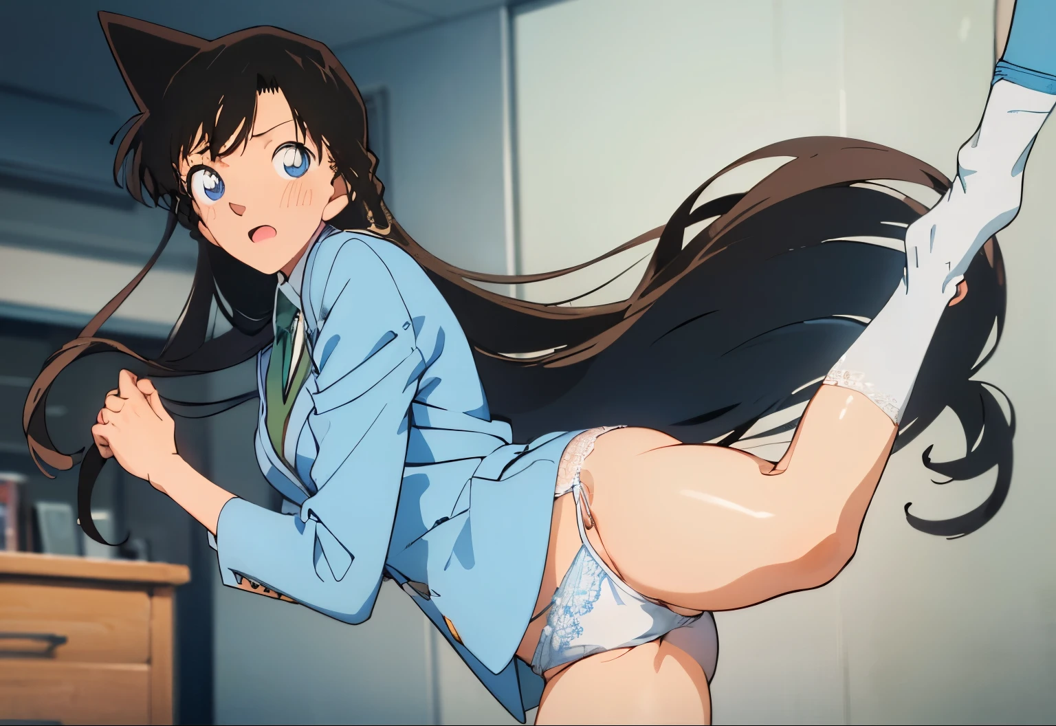 embarrassed ,1 girl,(((Realistic white lace panties))),shy,(((high kick))),kicking enemy ,standing ,Mouri ran, black long wavy hair,black eye: 1.4,beautiful legs , ((green tie, white shirt, blue blazer, blue jacket: 1.2 ,blue shirt,white socks )) ,masterpiece ,8k unity wallpaper,anime key visual,highest quality, High resolution, unity 8k wallpaper, (shape:0.8), highly detailed face,highly detailed eye,glowing eyes , shiny skin,fine skin,white skin,dense skin,detailed hair,highly detailed legs,perfect lighting, Detailed CG, (perfect hands, perfect anatomy),High resolution,anime key visual,Kyoto Animation,(Detailed wear ),slender limbs, delicate curves, dainty hands, tiny feet,figure:0.8,