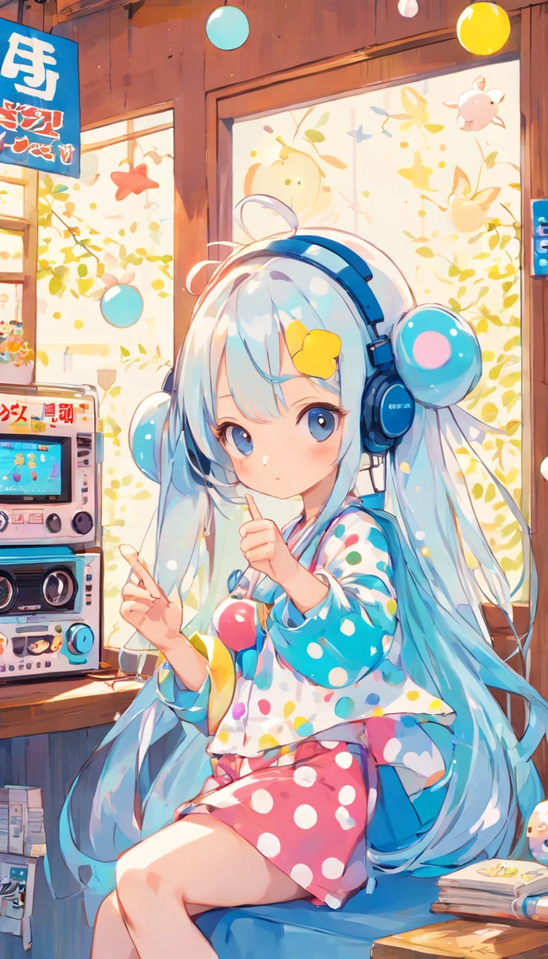 perfect body、girl、(((Girl's UP)))、(((The girl's face is well visible)))、make many round chicks、(())、(((cassette tape、radio cassette player、record)))、可愛い美girl、((Listening to music with headphones on))、machine、Note、computer、light bulb、window、Chair、curtain、retro、(((80s))) Neon color、pastel colour、((blue and white room))、Polka dot pattern、lemon、80'sパターン、round pattern、square pattern、Cartoon screentones、Dot pattern is applied from above、chick chick、Cotton candy、candy、(((Get into a rhythm))), (((lofi-art))), Cute white fur ball creature、(((The structure and balance of the face of the human body, objects, and living things are well-balanced without any discomfort.))), (((the fingers of the hand5Book))), (((beautiful and well-shaped body)))、(((Cute and beautiful face)))、(((Ramune Ramune Ramune、summer、青と白のPolka dot pattern)))