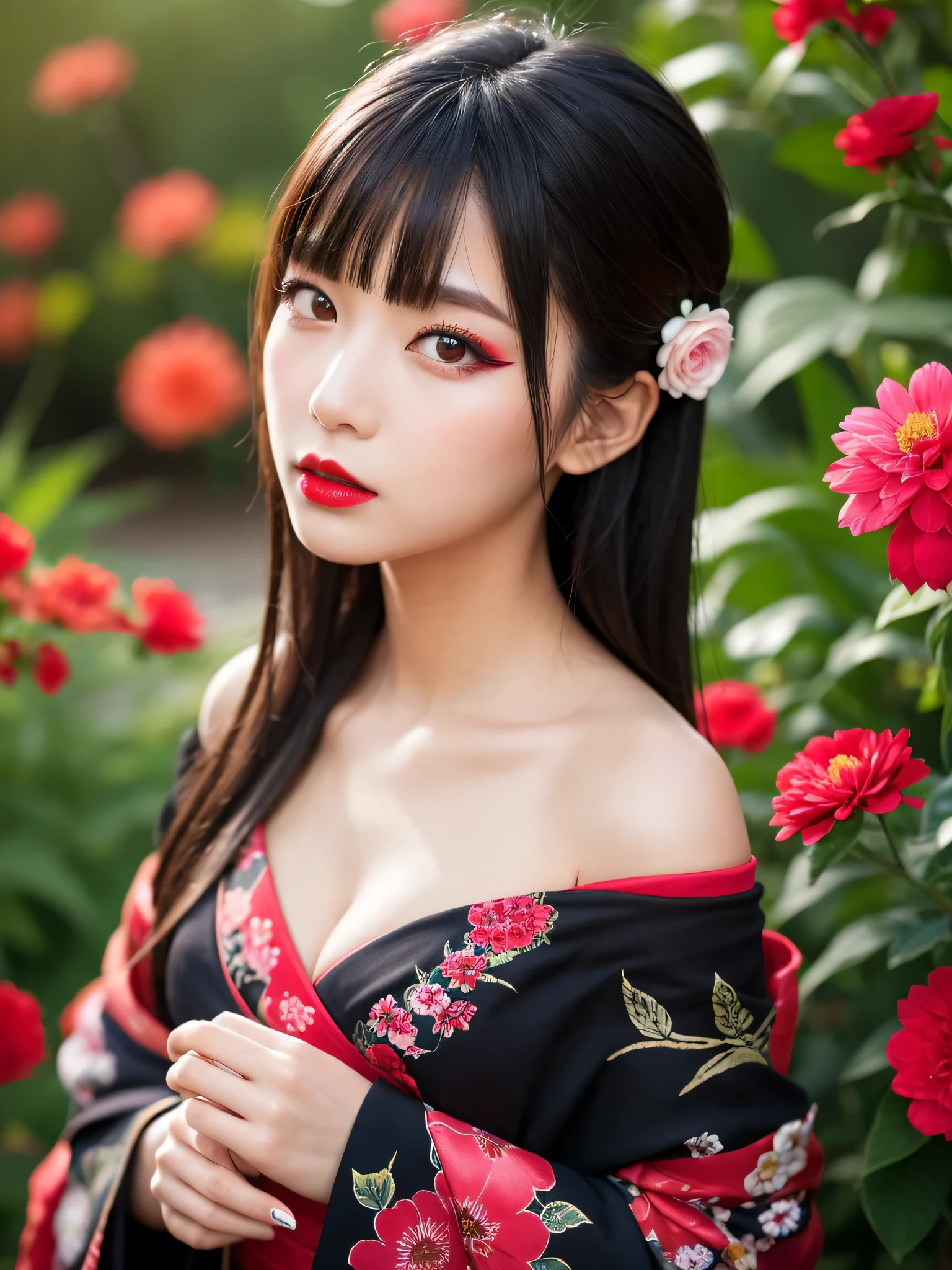 masterpiece, best quality, highres, 4k, 8k, ultra detailed, absurdres,vivid contrast, vibrant colors, full body,1girl, black hair, japanese clothes, solo, kimono, long hair, makeup, hair ornament, red eyes, floral print, looking at viewer, red lips, lipstick, black kimono, flower, fingernails, floating hair, upper body, off shoulder, eyeshadow、valley、big breasts、flowers in background