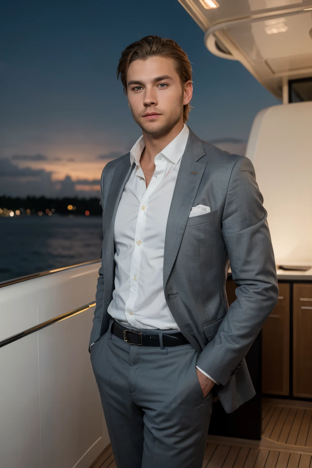 ((best quality)), ((masterpiece)), (detailed), masculine, young man, light beard, Swedish, blonde hair, short hair, blue eyes, fit body, elegant suit, white shirt, photo realistic, Standing on a luxury yacht at night in Miami