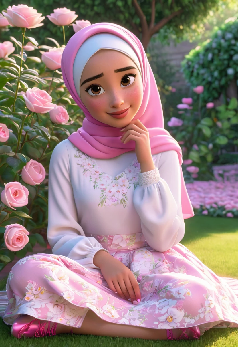 disnex pixar girl sitting in the garden wearing a pink hijab with a white floral patterned skirt, holding a rose in her hand, wearing ballet shoes, and her left hand holding her cheek