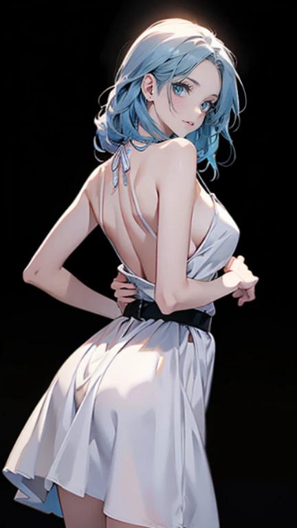 ((masterpiece, best quality, high resolution, Super detailed),(beautiful and beautiful:1.2), 1 female, aldult, Perfect body,elevation angle, Turn your back and look back,Long light blue hair,warm light,Off the shoulders,Pure white tutu dress with spaghetti straps,Wearing a black tight top underneath,getting dressed,Take off the thin belt on the waist behind your back, Blurred foreground