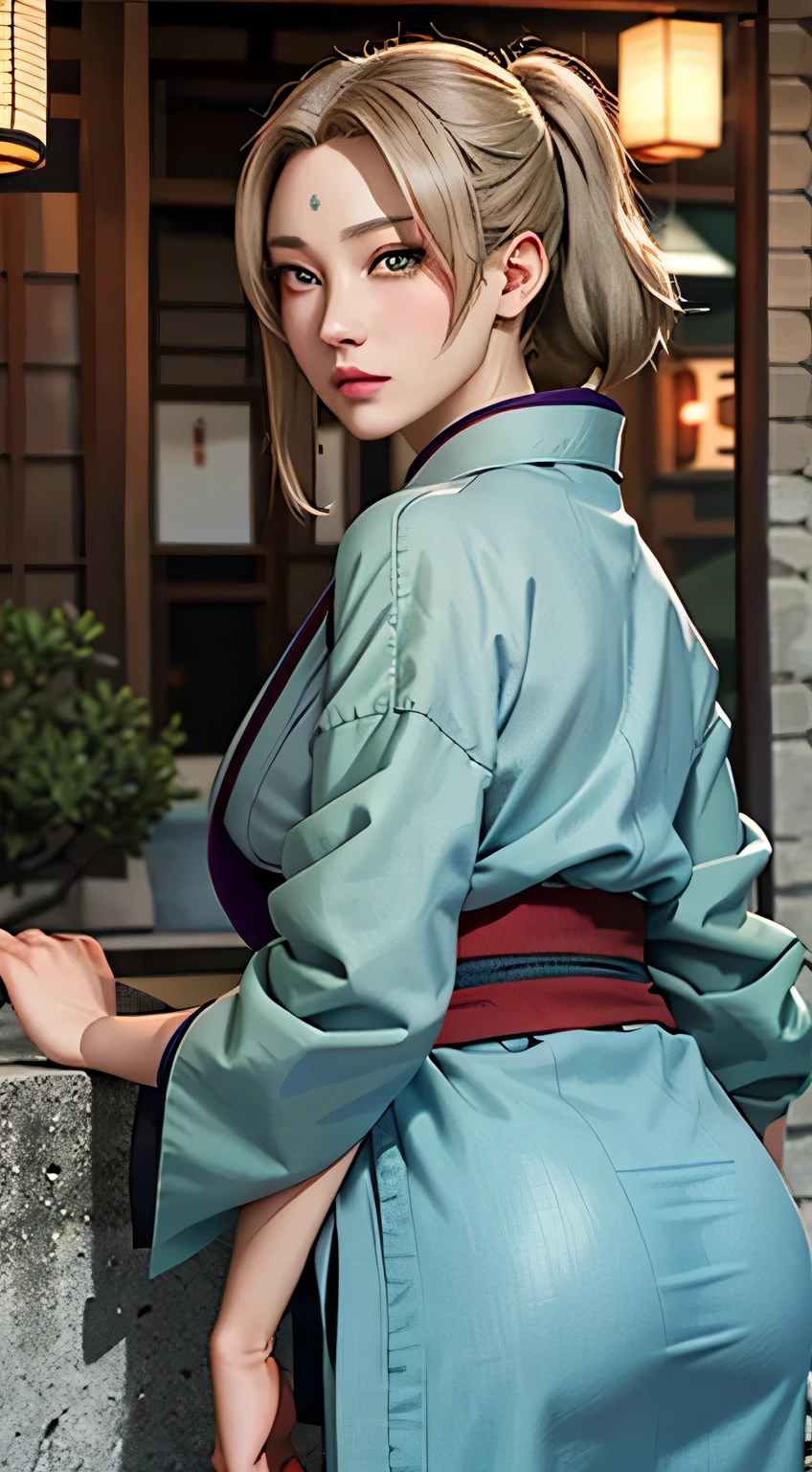 Tsunade Senju, bella, masterpiece, very detailed, better quality, best illumination, best eyeshadow, perfect face, light brown eyes, blue mark on forehead, A gray kimono with a red obi、wearing a green jacket, 1 girl, big , big ass, Lean forward and look at the viewer, em konoha,