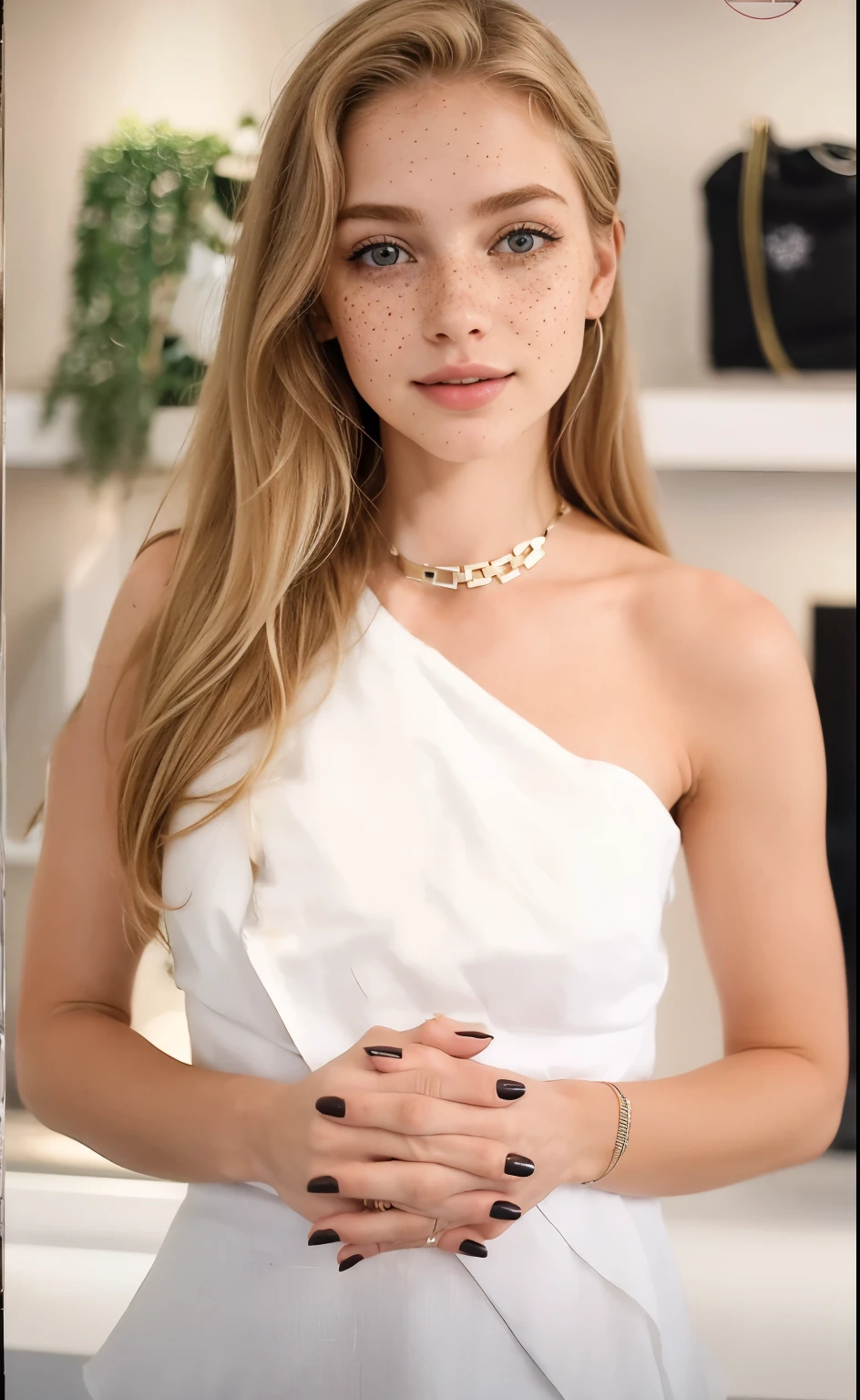mulher, americana, 25 anos, pale skin and freckles, olhos cinzas, nariz delicado, soft and delicate lips, longo, cabelo blondie longo e ondulado na altura da cintura, sorriso meigo, face with delicate feminine facial features, altamente renderizado