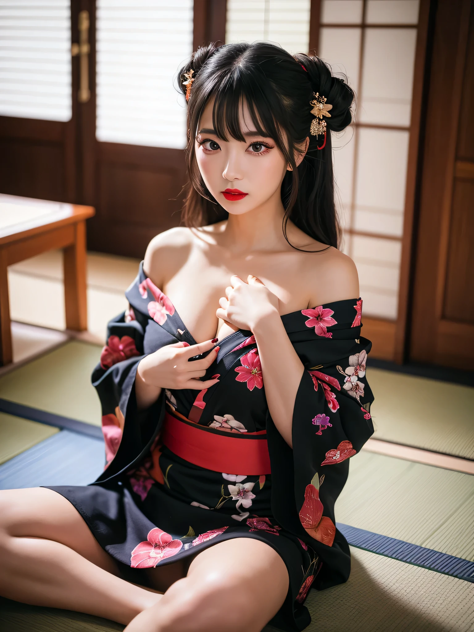 masterpiece, best quality, highres, 4k, 8k, ultra detailed, absurdres,vivid contrast, vibrant colors, full body,1girl, black hair, japanese clothes, solo, kimono,  long hair, makeup, hair ornament, red eyes, floral print, looking at viewer, red lips, lipstick, black kimono, flower, fingernails,  floating hair, upper body, off shoulder, eyeshadow、valley、big breasts、Photographed in a Japanese-style room、sit down on the floor、dim lighting、stripped down to the waist、I can see your chest、disheveled clothes、